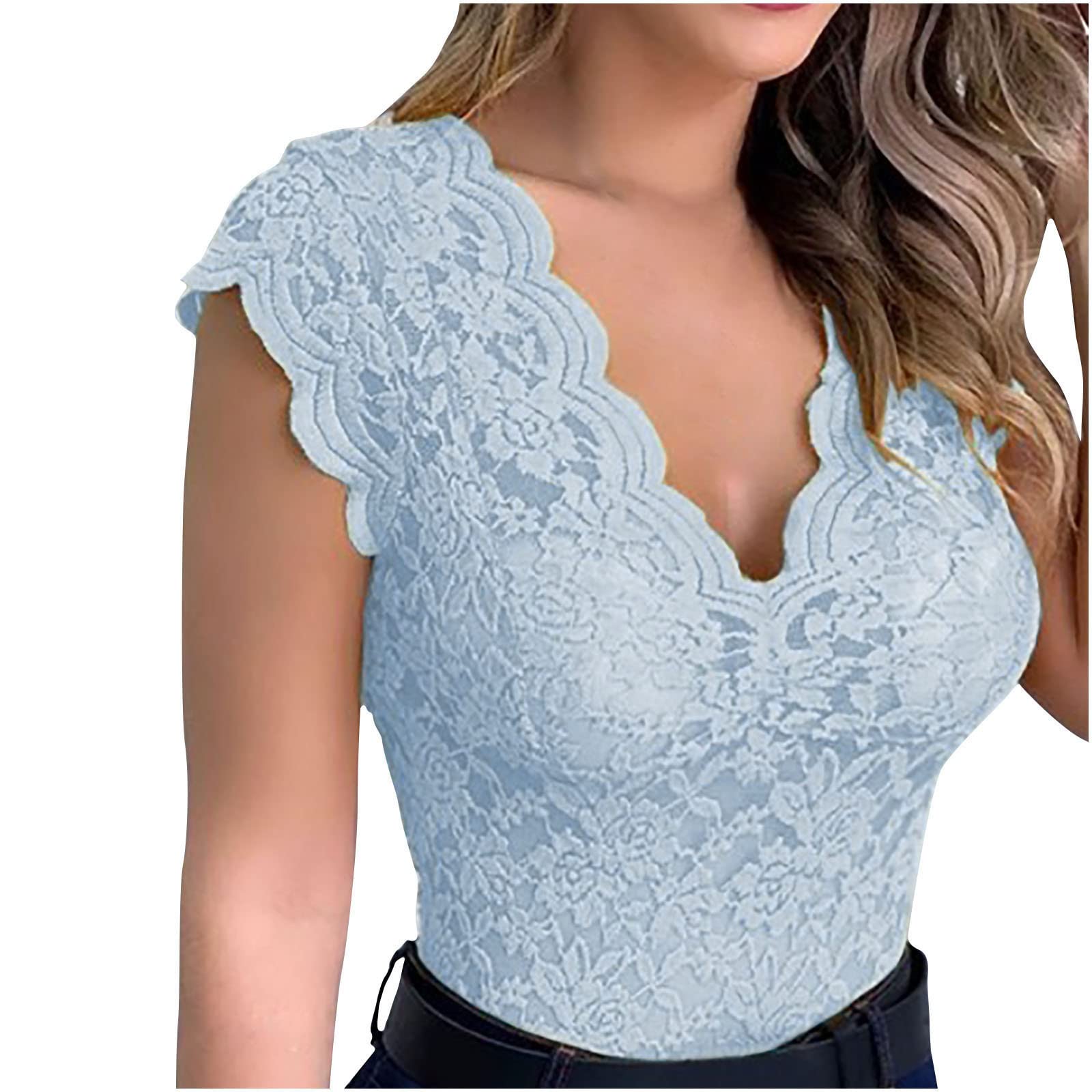 Women's Sleeveless Tops Lace Casual Loose Blouses Tank Shirts Deep Vneck Cap Sleeve Basic Tanks Top for Women