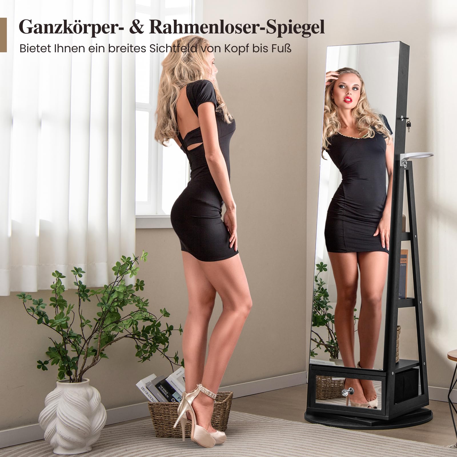 COSTWAY Schmuckschrank 360° drehbar, Spiegelschrank mit Ganzkörperspiegel, LED-Leucheten & Schublade & Haartrocknerhalter, Schmuckregal abschließbar, Standspiegel für Schmuck (Schwarz)