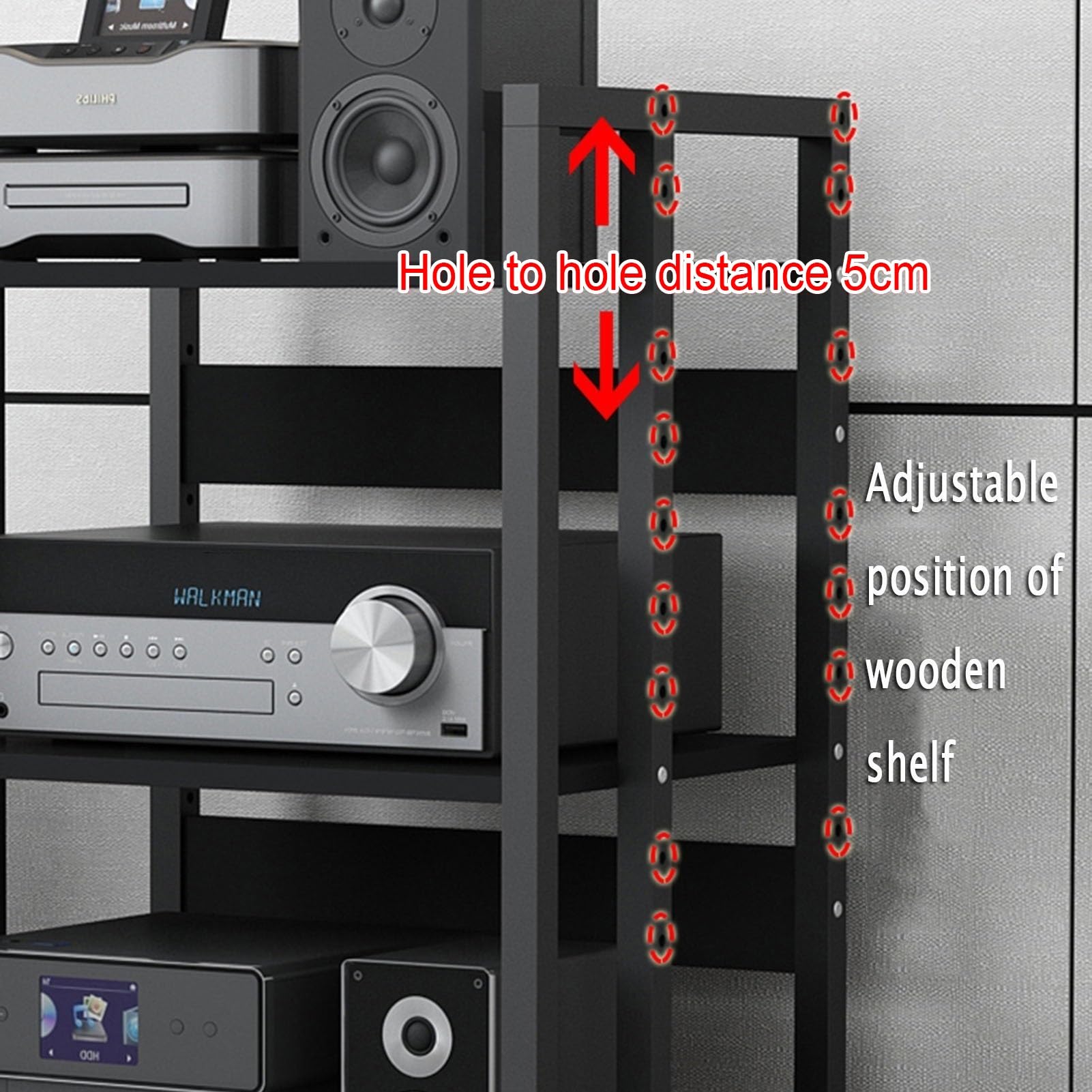 AV-Ständer mit 6 Ebenen, Holzregalen und Stahlrahmen, modernes Medien-Regal für Zuhause/Büro/Theater, Rage Cabinet für CD/DVD-Player und Unterhaltungssysteme
