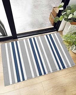 IDOWMAT Modern Vertical Stripes Shag Bath Rug Soft Absorbent Area Rug Non Slip Shaggy Door Mats, Navy Blue Grey White Bathroom Rugs Entrance Throw Rug for Bedroom,Living Room,24x35In