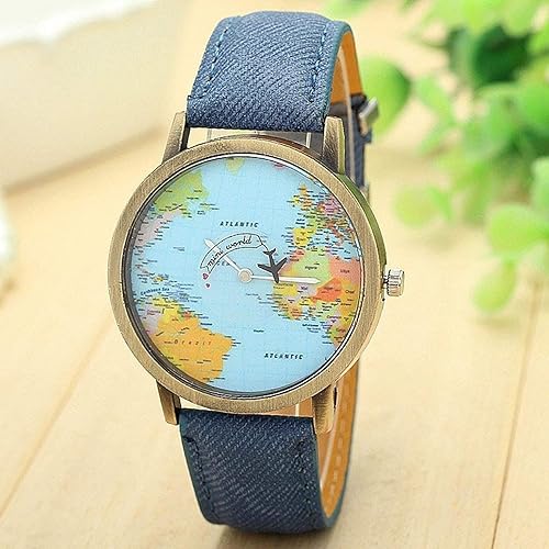 Miniatura 2 de Reloj de cuarzo unisex retro con caja de bronce para viajes globales con mapa del mundo de avión, correa de piel sintética