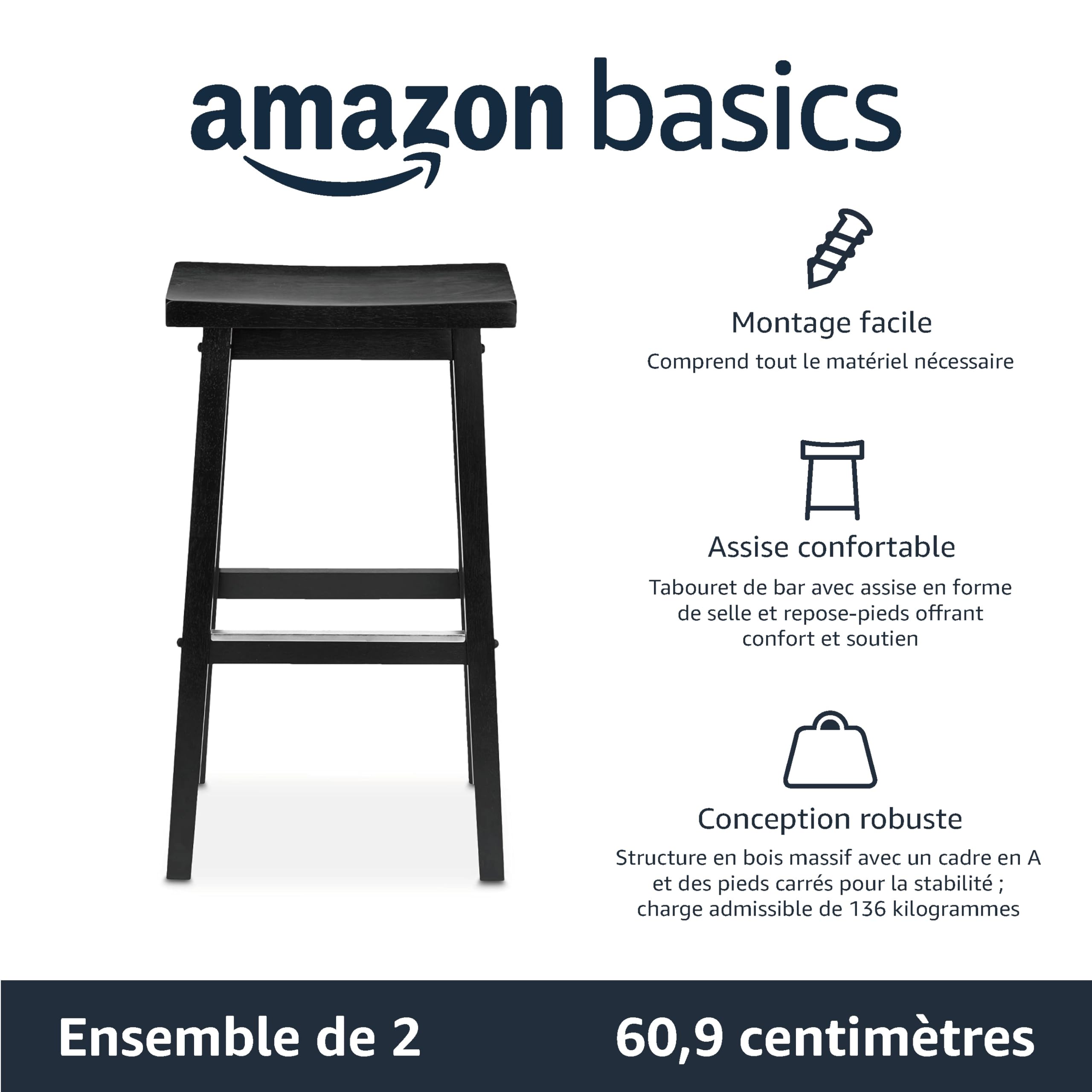 Amazon Basics Lot de 2 tabourets de comptoir de cuisine en bois massif noir, tabouret de bar et de salle à manger, montage facile, moderne, 74 cm de haut