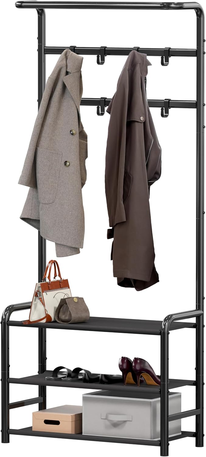 Arbre d'entrée avec étagère à chaussures à 4 niveaux et 8 crochets métalliques réglables, porte-manteau et porte-chaussures, porte manteau étroit autoportant pour placard organisateur de bottes A, 60