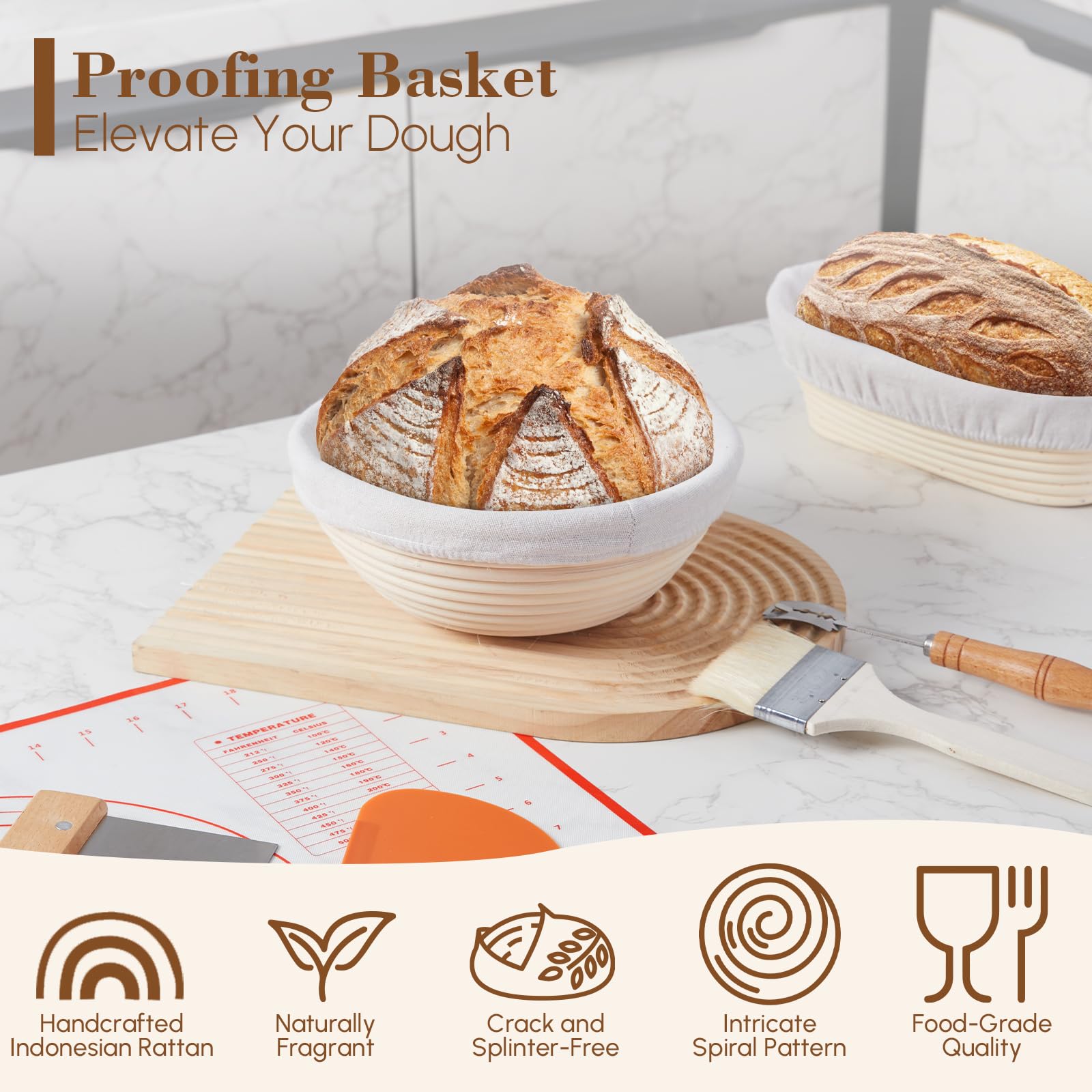 Set di 17 cestini per lievitazione del pane Banneton, rotondi da 22,9 cm e ovali da 25,4 cm, kit completo per la preparazione del pane, frusta danese, raschietto, raschietto per impasto, e lame per