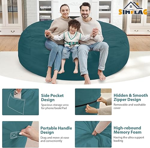 Miniatura 324 de Puf de 5 pies, puf grande con relleno de espuma viscoelástica, sofá puff esponjoso con funda de terciopelo holandés, puf redondo para sala de estar,