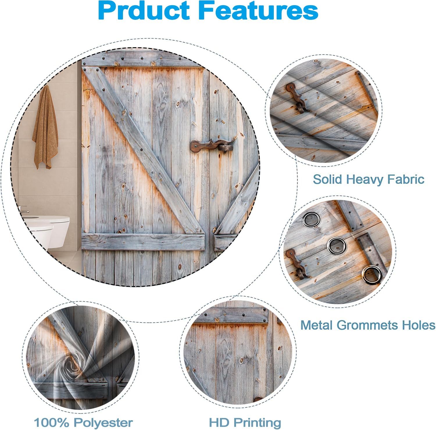 Barn Door Shower Curtain for Bathroom, Farmhouse Wood Door Shower Curtains 72x72inches Neutral Fabric Waterproof Shower Curtains Set for Stall RV Hotel with Hooks