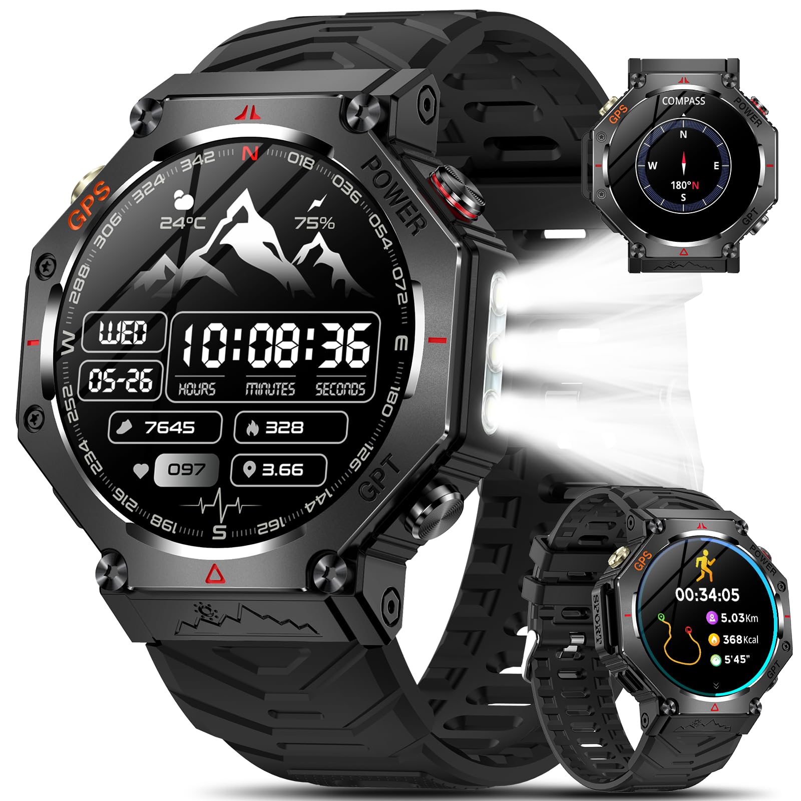 Marsyu Reloj Inteligente Hombre GPS,1.43" HD Smartwatch con Llamadas Bluetooth/Linterna/Brújula/Frecuencia Cardíaca/SpO2/Sueño,5ATM con 650mAh,107+ Deportivos Smart Watch para Android iOS(Negro)