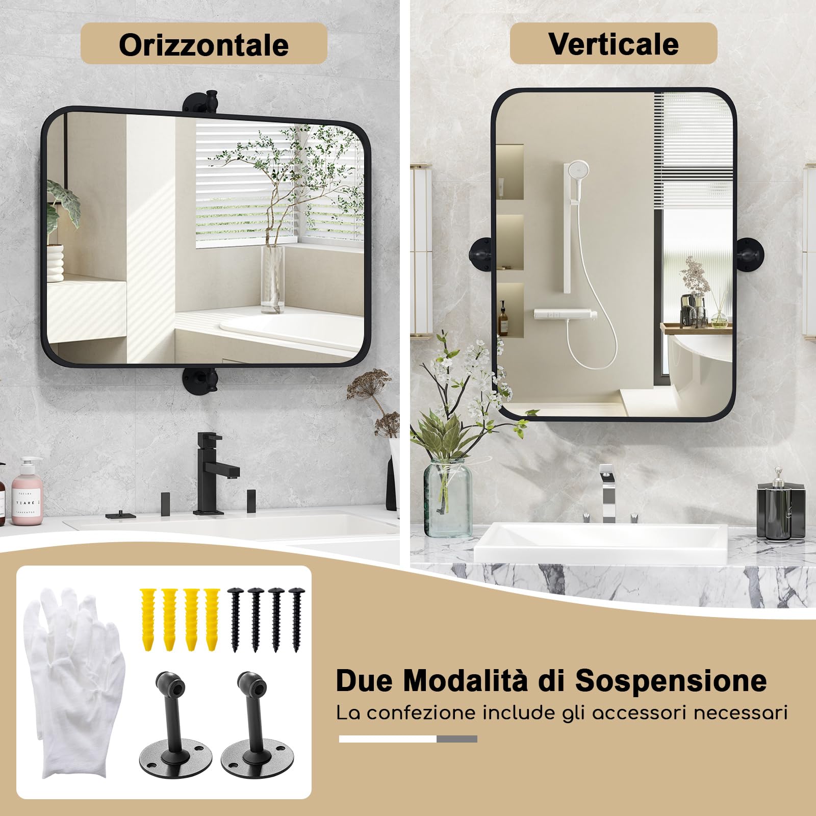 GYMAX Specchio da Bagno con Cornice in Metallo Nero, Specchio Rettangolare da Parete con Angoli Arrotondati e Staffe per Inclinazione, Specchio Decorativo Moderno, Verticale/Orizzontale