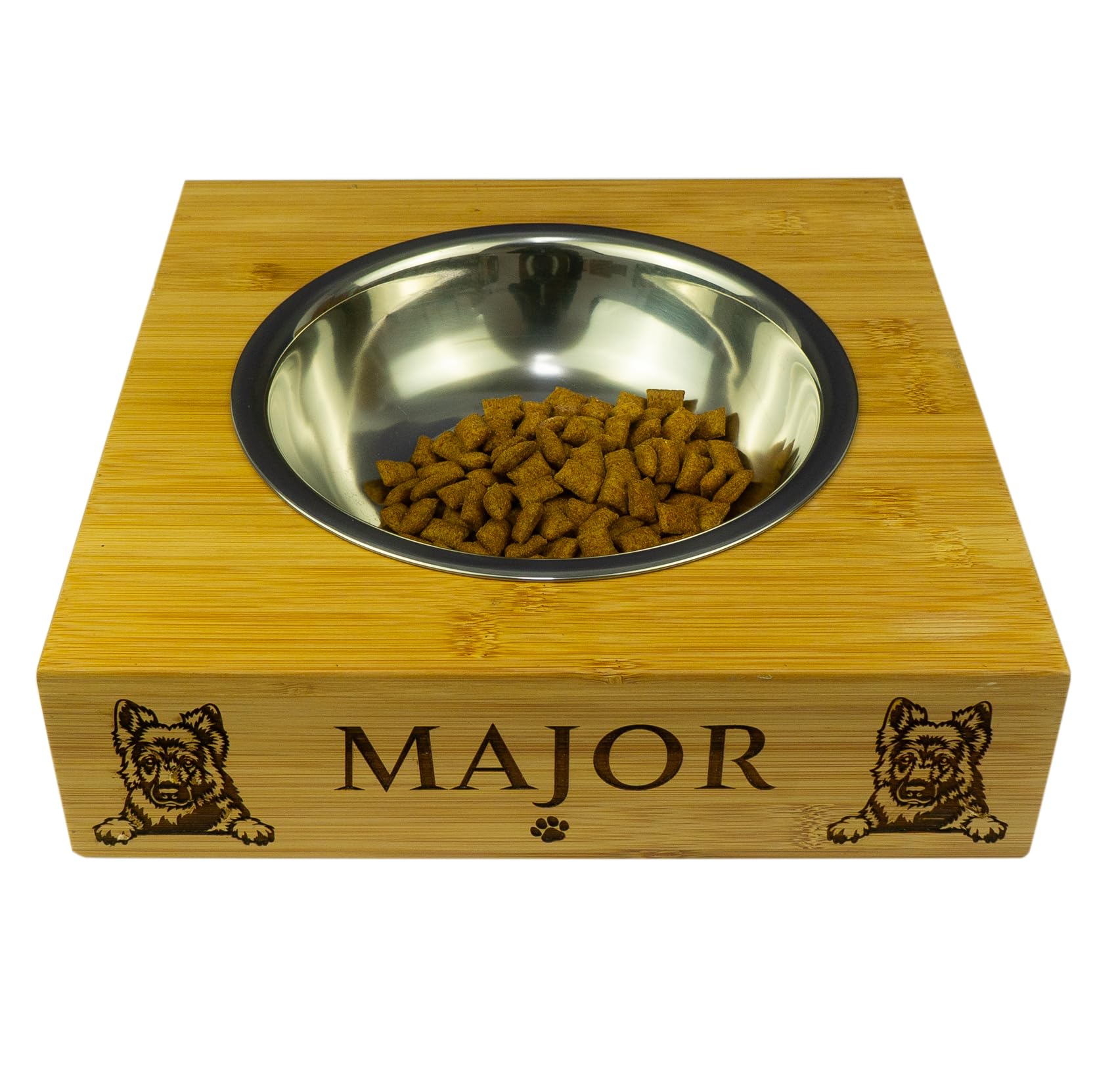 Personalised large dog bowl feeding station. Bamboo frame with stainless steel food dish. Ideal for big dog breeds