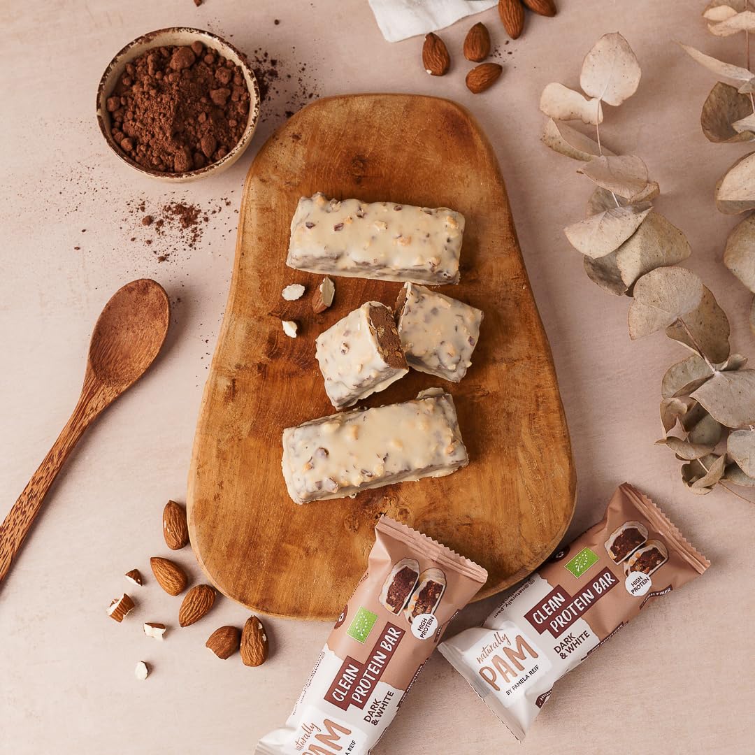 Naturally Pam Clean Protein Bar | High Protein Eiweißriegel Snack | veganer Proteinriegel | Dark & White – 12 x 45g