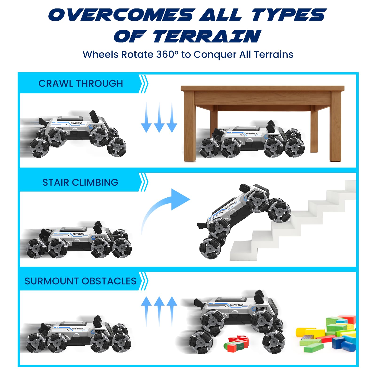 SIMREX Remote Control Robot Dog Toys for Kids 6+, Stunt RC Cars with LED Eyes & Gesture Control, 6+ Years Old Boys Girls Birthday Gift, Interactive Robot Toy with Mecanum Wheels & 3 Sounds, Sliver