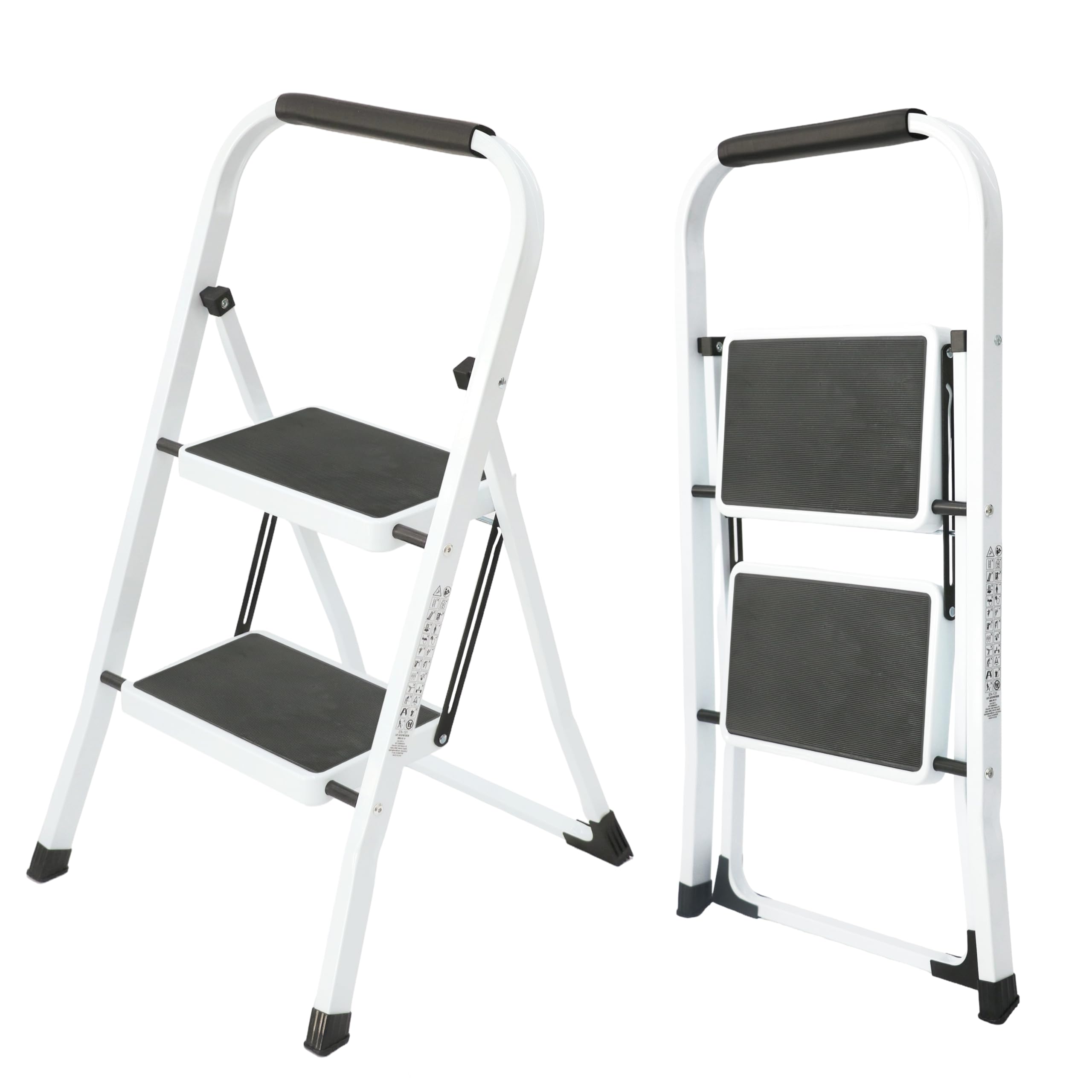UZIRO Escalera Plegable 2 Peldaños -Estructura de Acero y Peldaño Antideslizante - Asa Superior de Goma - Escaleras Plegables Domésticas - Step Ladder para Hogar (Blanco, 2 Pedaños)