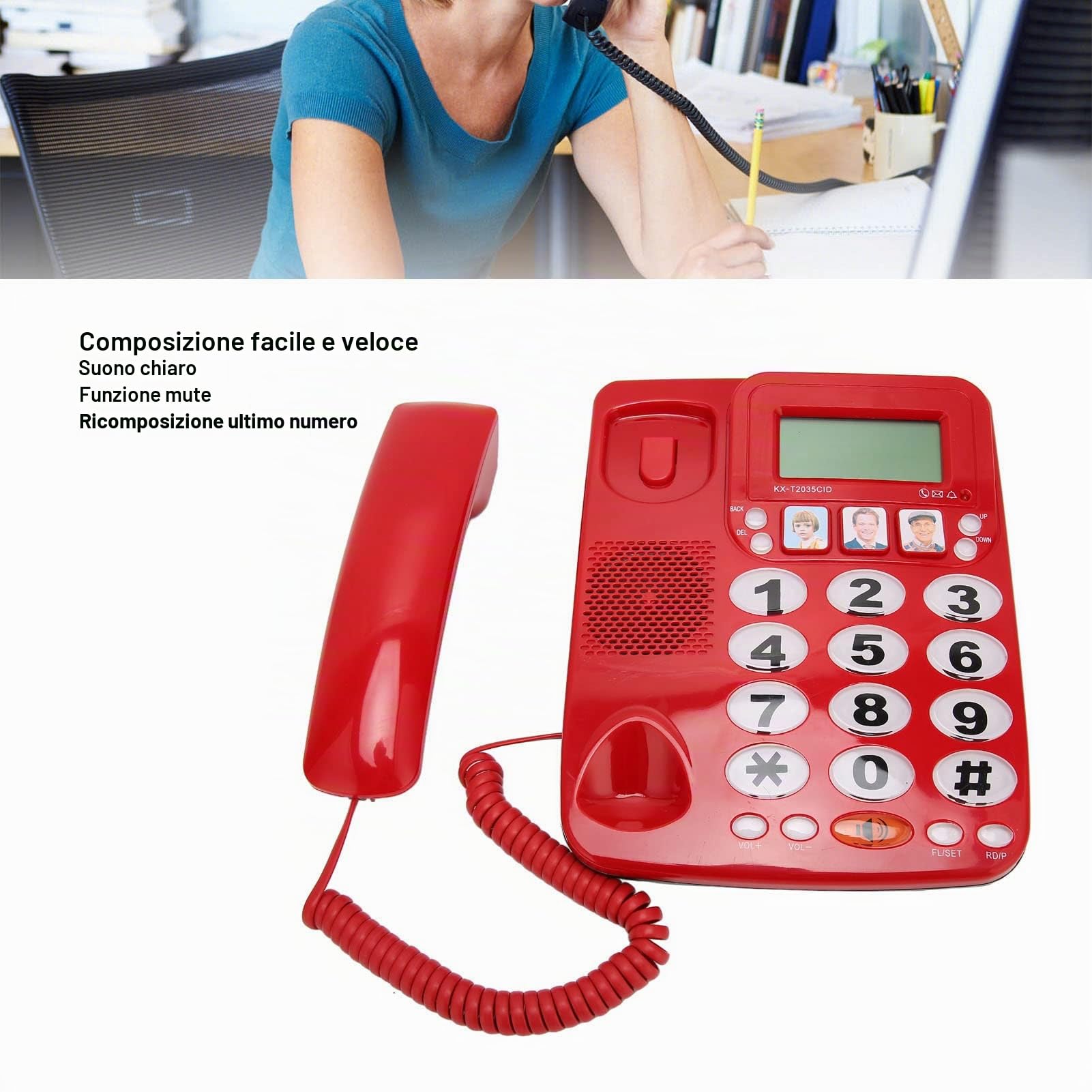 Zunate Telefono con Filo, Telefono Fisso a Pulsanti Grandi per Anziani, Composizione One-Touch per Bambini Non Vedenti Anziani, Telefono Interno a Doppia Porta per Casa, Hotel, Ufficio, Volume(Rosso)