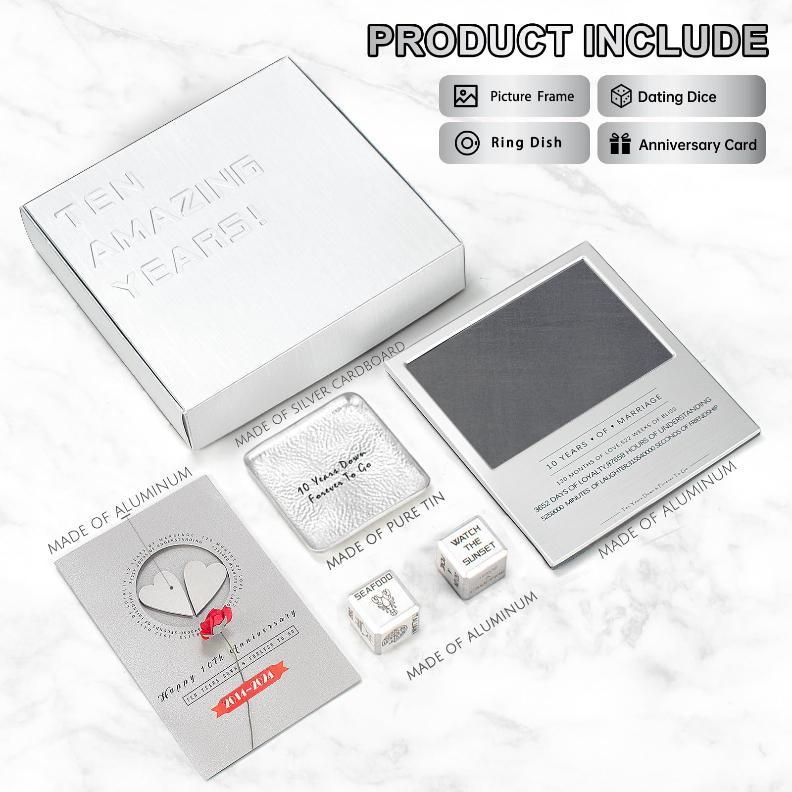 Kipwake 10 Year Anniversary Tin Gifts For Him Her For Wife Couples,10th Wedding Anniversary Aluminum Gifts Set,Happy 10th Gift Ideas for Couple Best 10th Gifts Basket Box With Card Decorations - Image 2