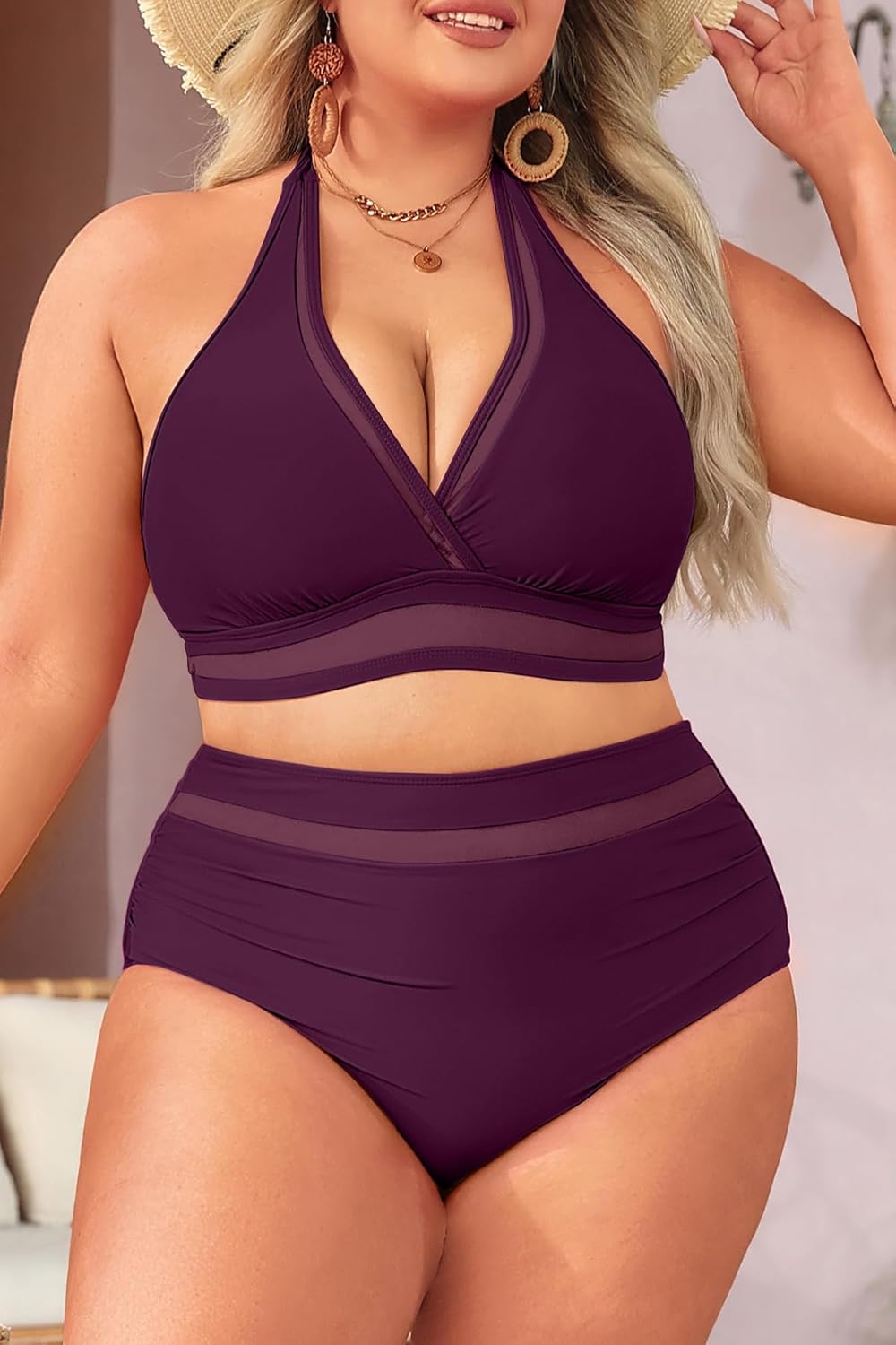 Tempt Me Women Plus Size Bikini High Waisted Swimsuits Mesh Tummy Control Two Piece Bathing Suit