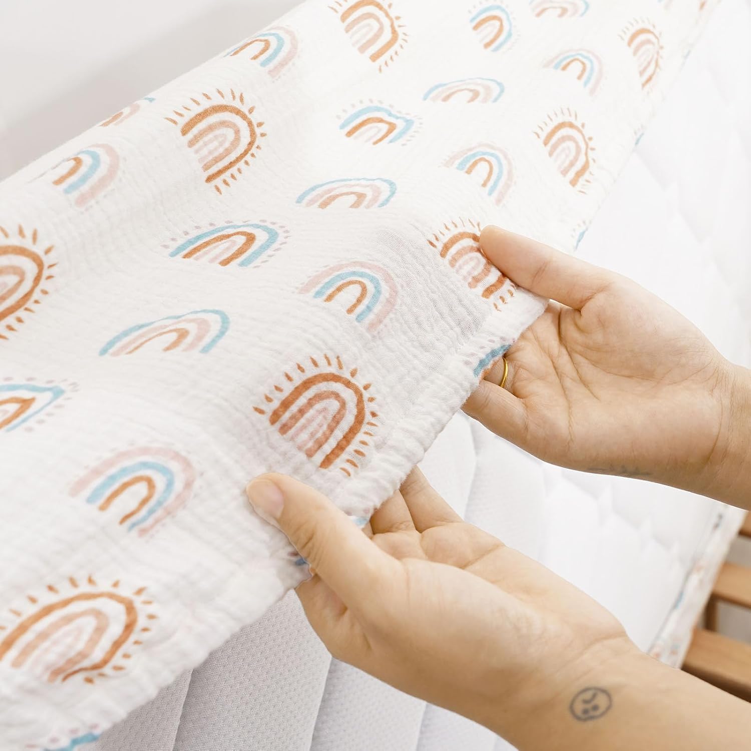 Muslin Crib Sheets–100% Organic Cotton Baby Sheets for Boys & Girls,2 Pack Muslin Mini Crib Sheets for Toddler Mattress,Breathable Crib Mattress Sheets 28''x52''(Rainbow)