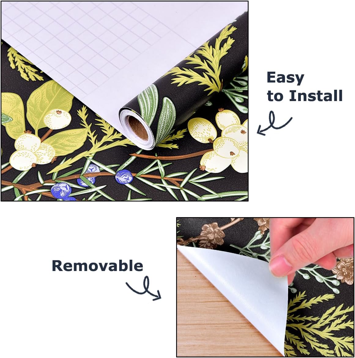 Okydoky Peel and Stick Wallpaper, Black Floral Wallpaper, 17.3"x236", Boho Leaf Wall Paper, Self-Adhesive Contact Paper, Home Decor for Bathoom Kitchen Wall Cabinet, Vinyl Waterproof L93192-6(US)