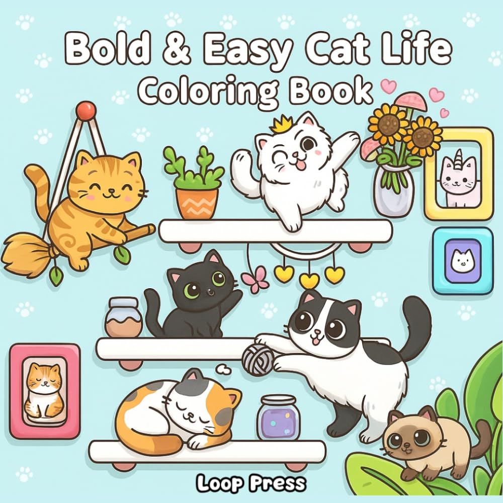 Bold & Easy Cat Life Coloring Book: Cute & Cozy Illustrations of Adorable Chibi Cats Enjoying Home, Hobbies, and Hygge Scenes for Adults and Teens
