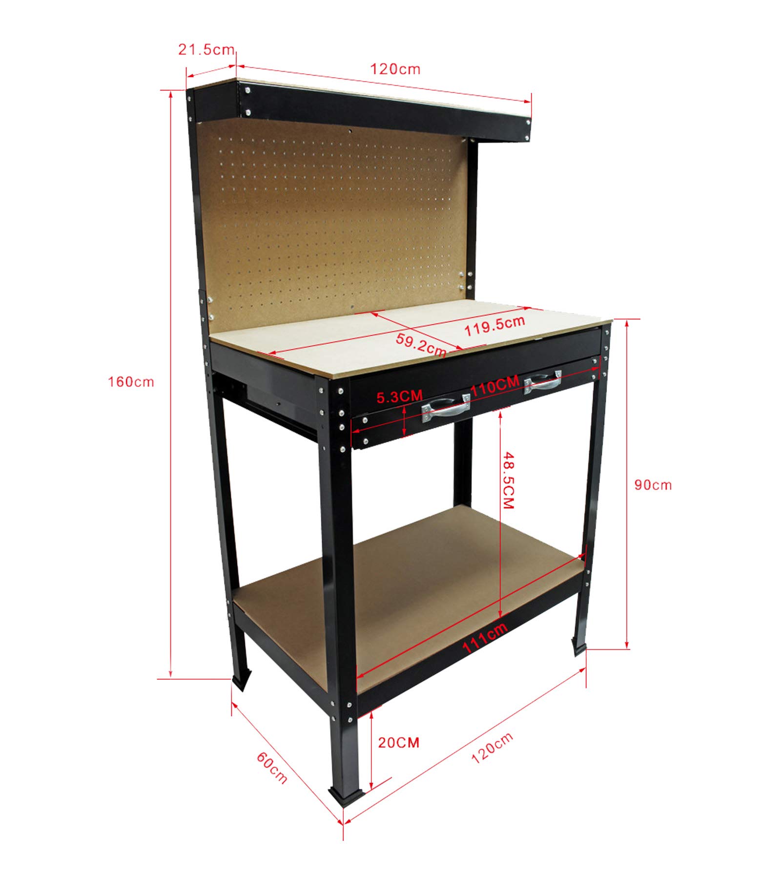 Wiltec Werkbank 1200 x 600 x 1600 mm mit Lochwand, Werkzeugbank mit Stahlrahmen, Arbeitstisch mit Arbeitsplatte aus MDF, Hobelbank mit Aufhängehaken