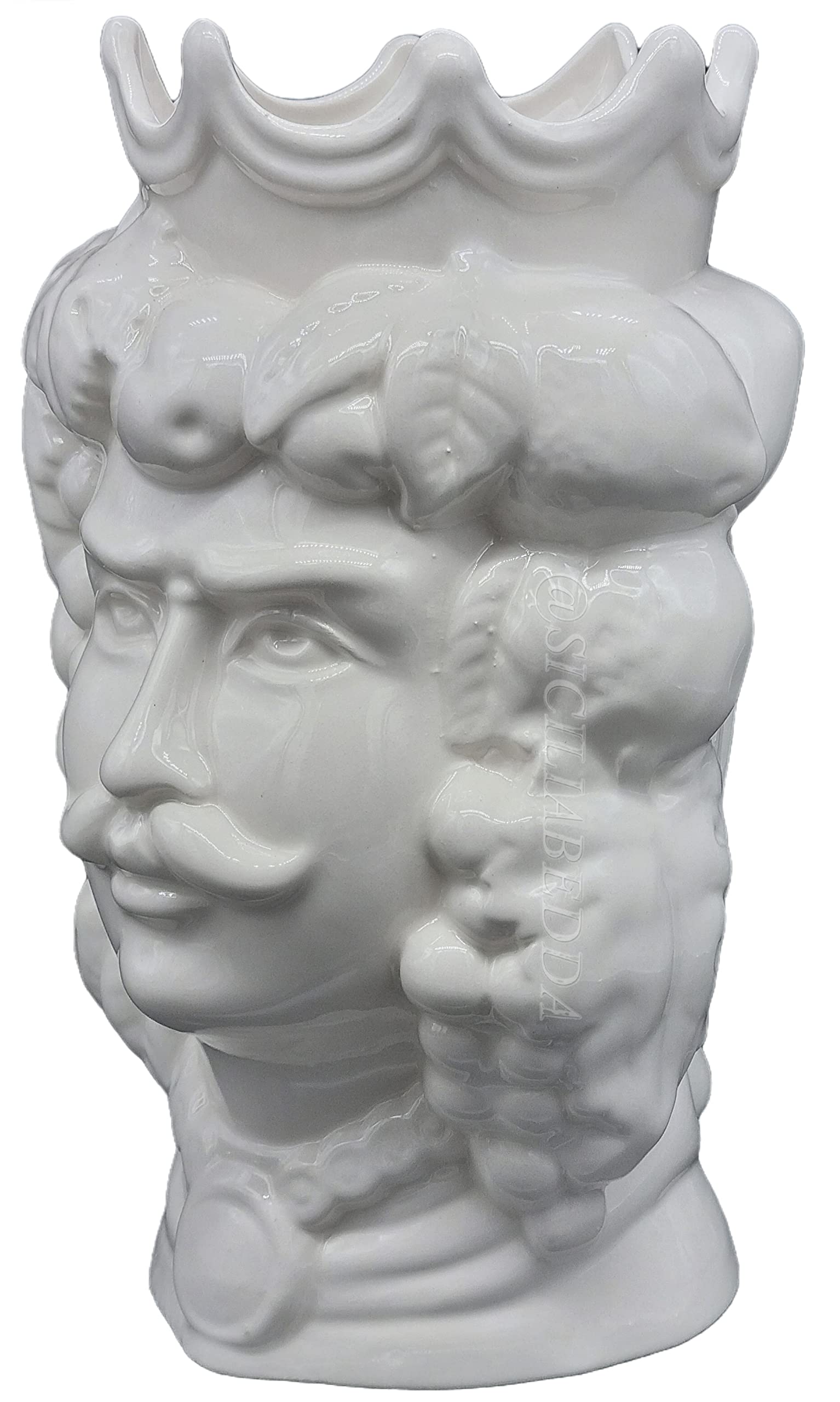 sicilia bedda - Teste di Moro in Ceramica di Caltagirone - Prodotto 100% Artigianale - Alta qualità (Altezza 35 Centimetri, Uomo Bianco Lucido)