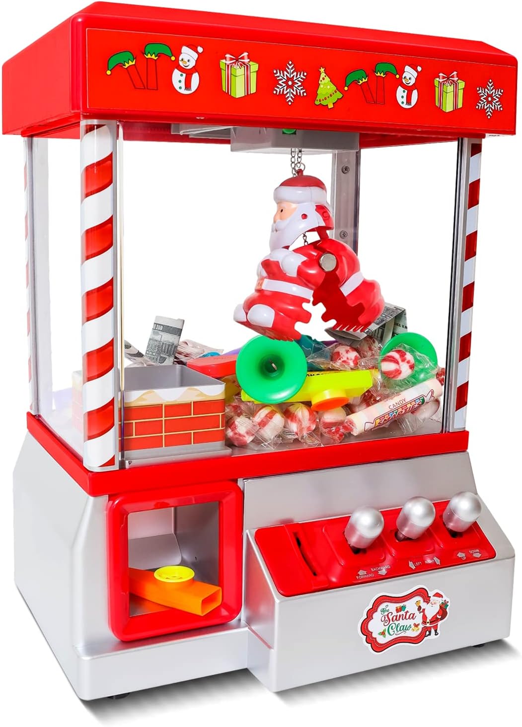 Bundaloo Santa Claw Machine Christmas Themed Vending Machine Dispenser with 30 Reusable Tokens for Toys, Candy, and Prizes, Mini Arcade Game Holiday & Birthday Gift for Kids