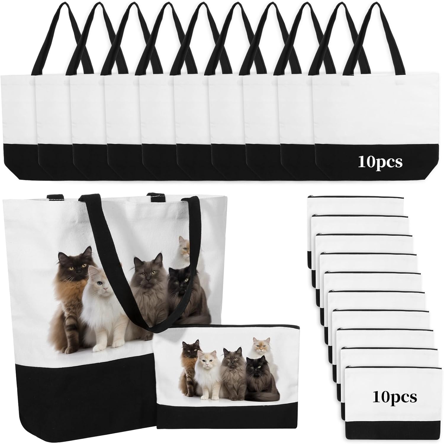 20 PCS Canvas Bag, Makeup Bag Set, Sublimation Blank Canvas Tote Bags and Makeup Pouch, Reusable Grocery Bag with Handles for DIY Painting Heat Transfer Embroidery