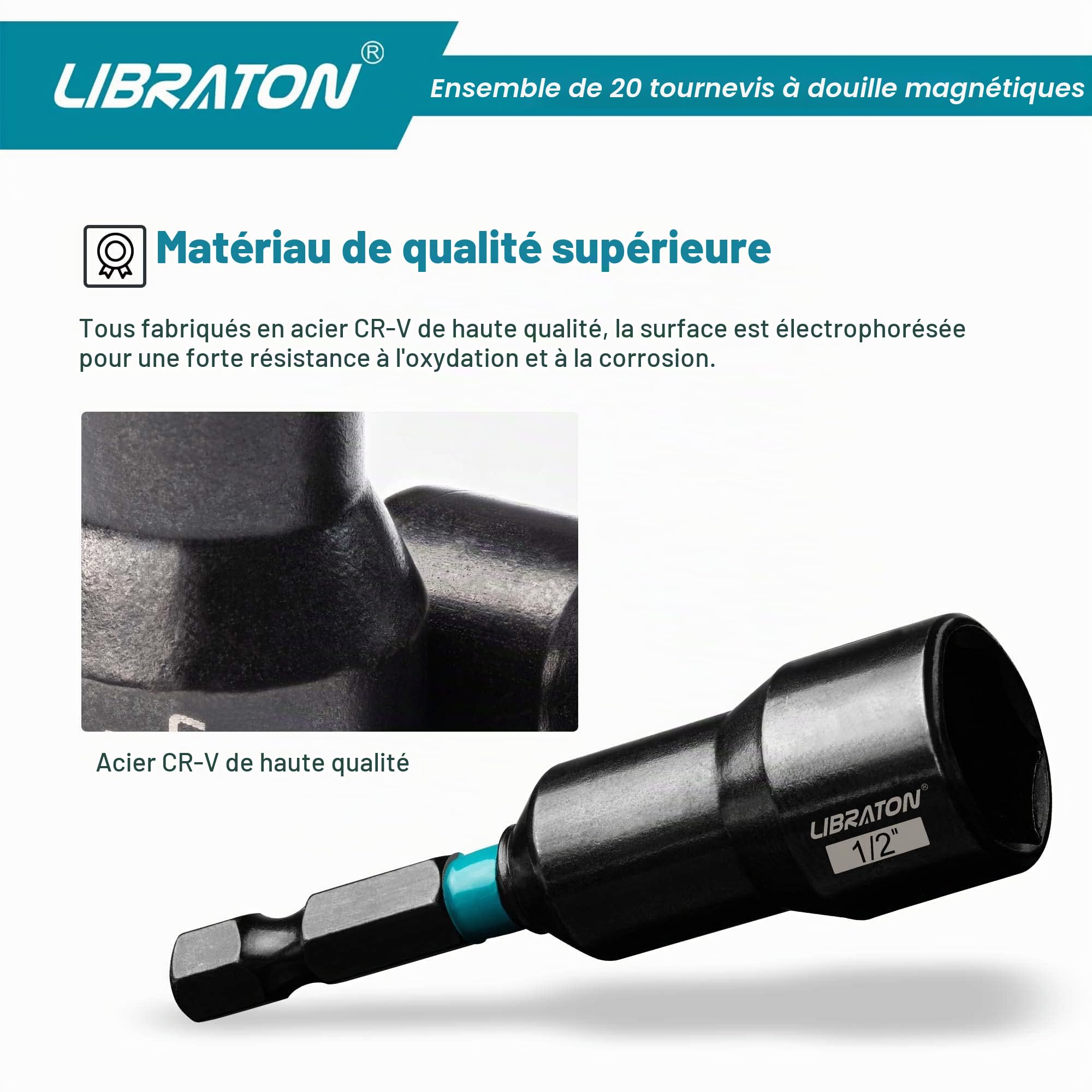 Libraton Lot de 20 Tourne-écrous magnétiques, 1/4" Hexagonale pilotes d'écrou en acier au chrome vanadium, métriques et SAE tournevis à écrous, avec sac de rangement