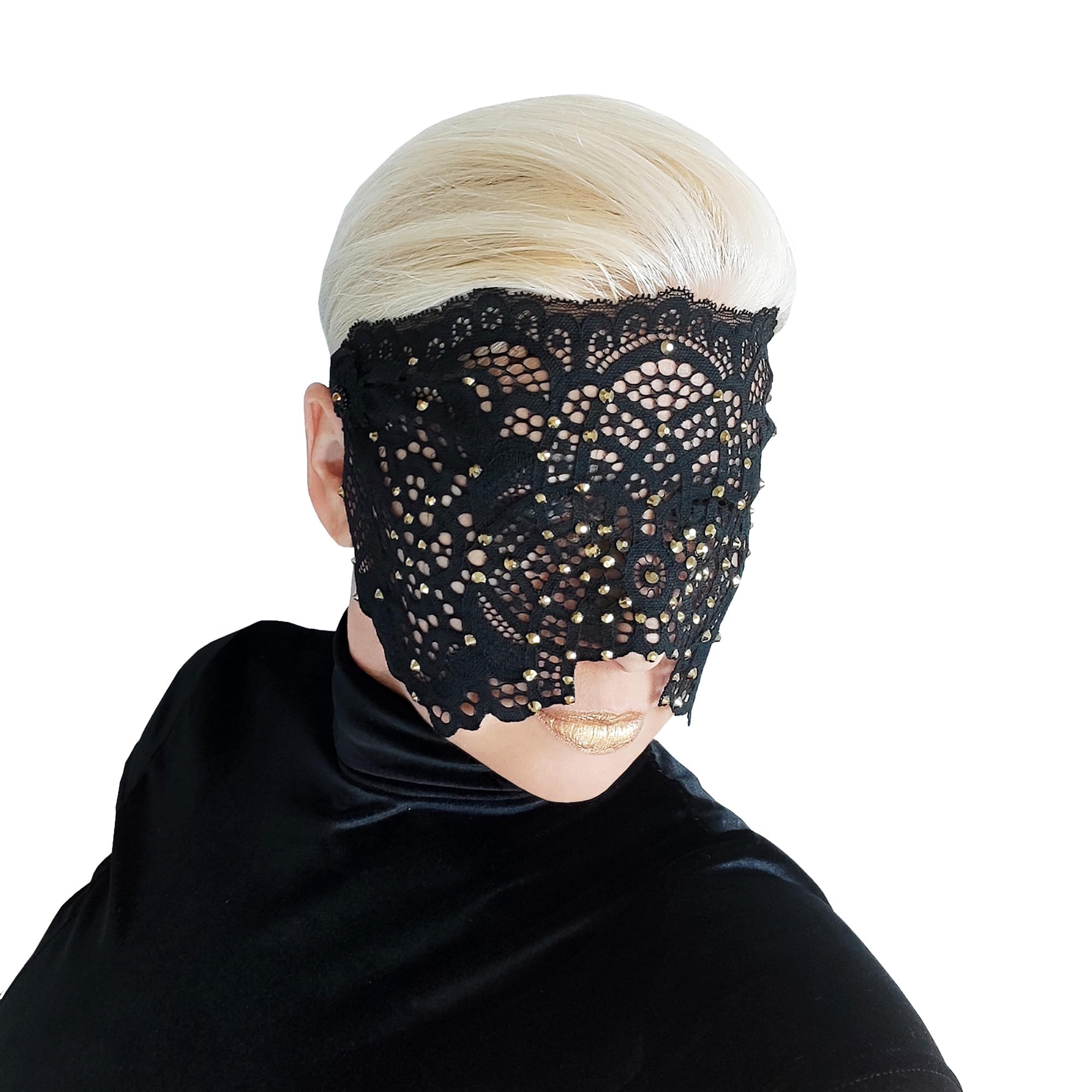 Lace Full Face Black Rhinestone Mask for Women, Lace Masquerade Mask, Fancy Dress Party, Ball, Carnival (Black (gold rhinestones))
