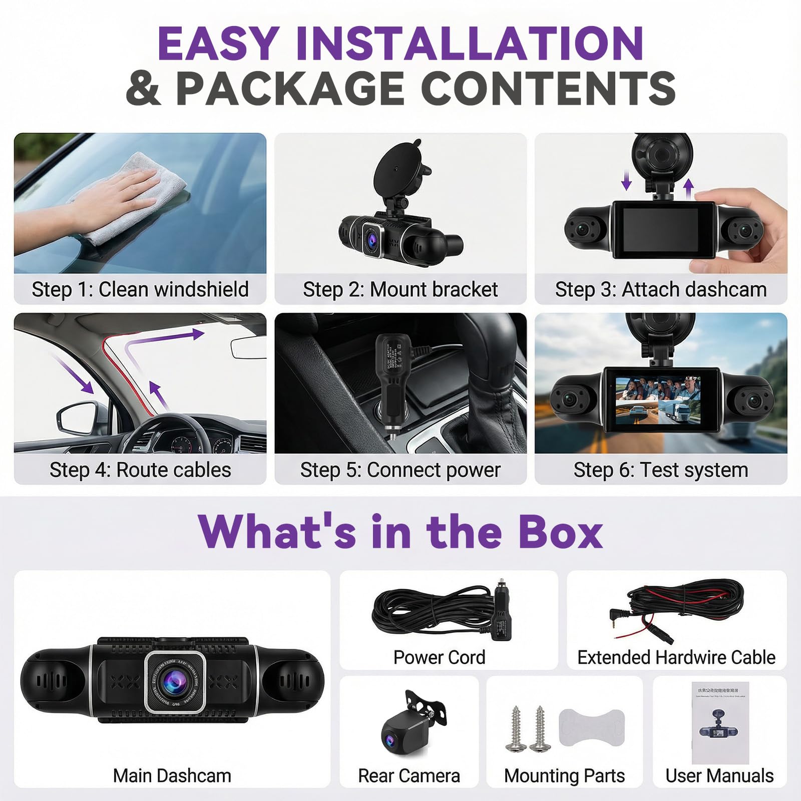SIXWIN 2K Dash CAM 360° para Coche, 4 Cámaras Full HD 1080P, Pantalla IPS 3", WiFi y App, Sensor G, Vigilancia Estacionamiento, Visión Nocturna, Grabación en Bucle, Incluye Cámara Trasera