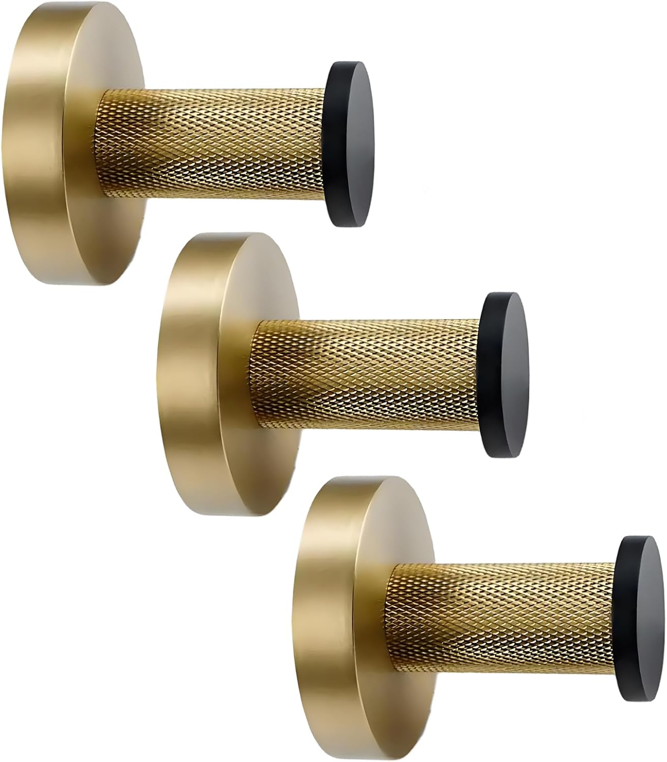 Single Towel Hook, Wall Mount Robe Hook in Stainless Steel with Solid Brass Knurled Accents, Heavy Duty Coat Hook for Bathroom, Kitchen, Entryway（3-Pack, Black and Gold）