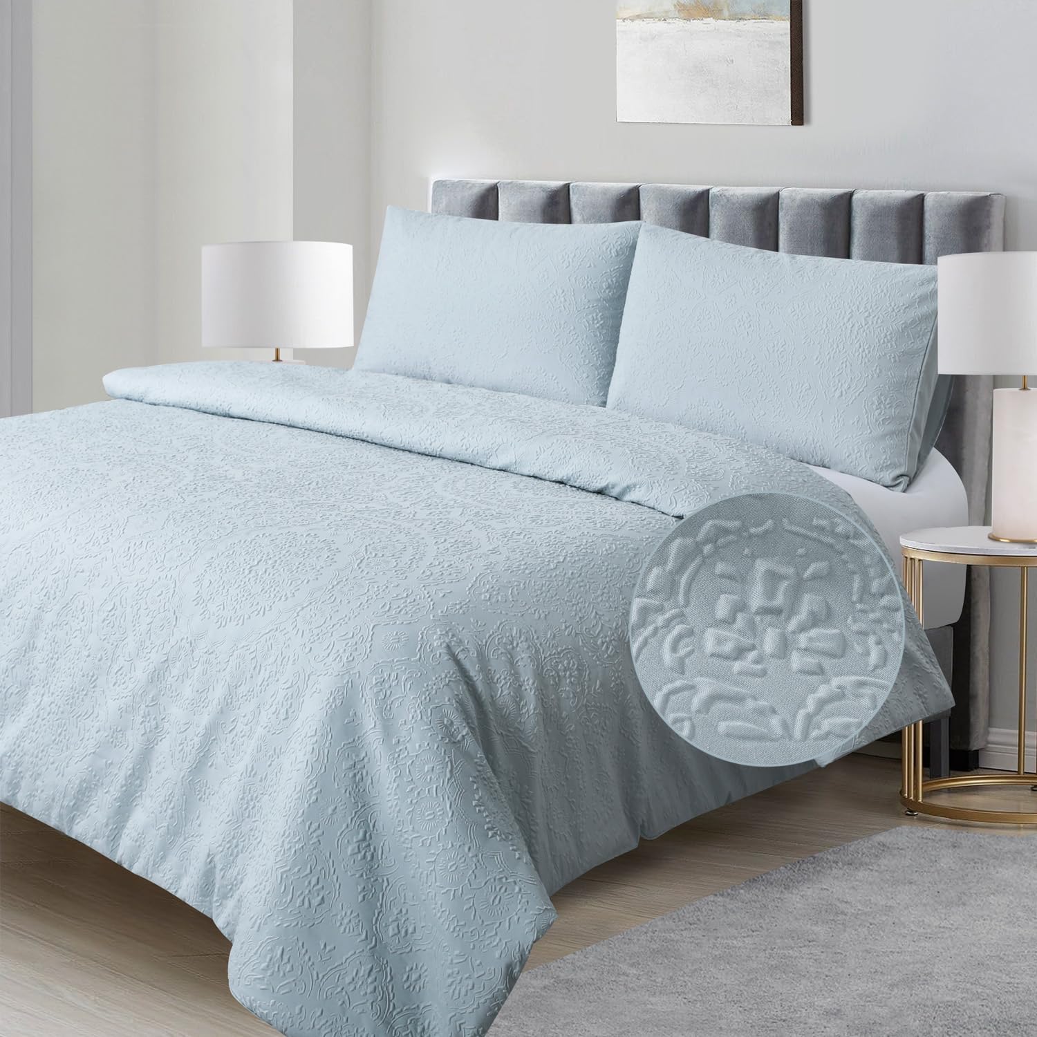 Chlophy Duck Egg Blue Duvet Sets King Floral Duvet Cover Damask Mandala Textured Embossed Medallion Bohemian Jacquard Garland Light Blue