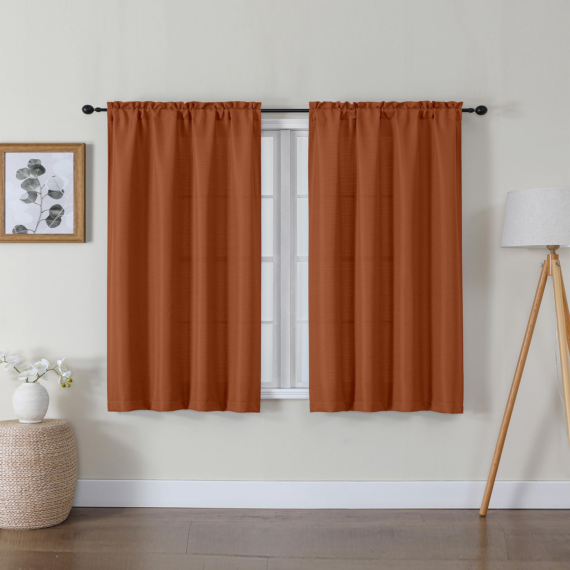 Lecloud Bessie Orange Short Curtains 45 Inch Length 2 Panels, Faux Linen Light Filtering Curtains with Dual Rod Pocket, Farmhouse Small Window Curtain for Bedroom Living Room, Each 30 W x 45 L — image 1