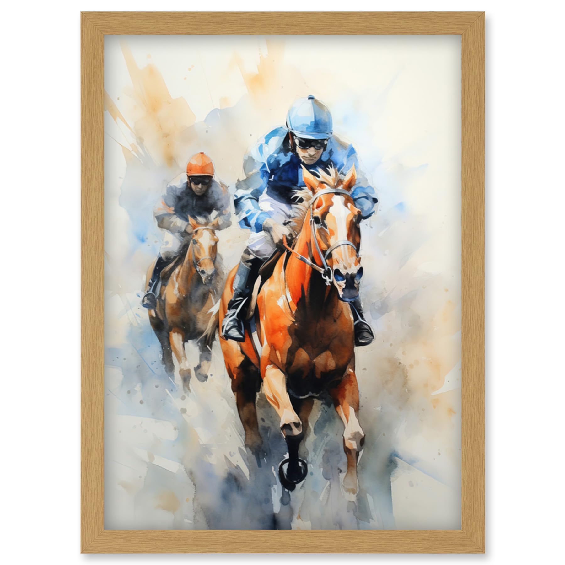 Horseracing Jockeys Watercolour Print - Kentucky Derby Grand National Cheltenham Gold Cup Race Art - Blue Orange