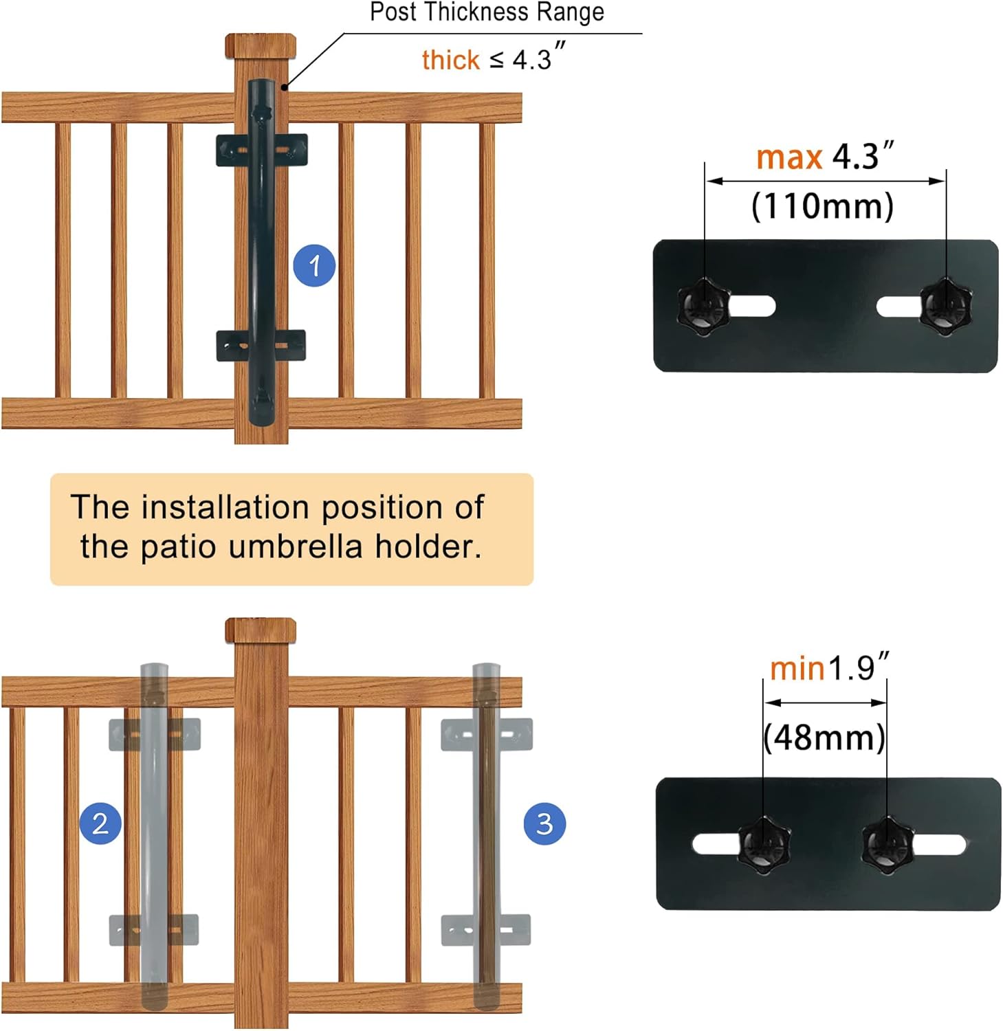 Patio Umbrella Holder, Heavy-Duty Metal Mount Stand for Deck - Sturdy Base for Railing-Mounted Clamps With Pole Maximizing Balcony Space and Shade