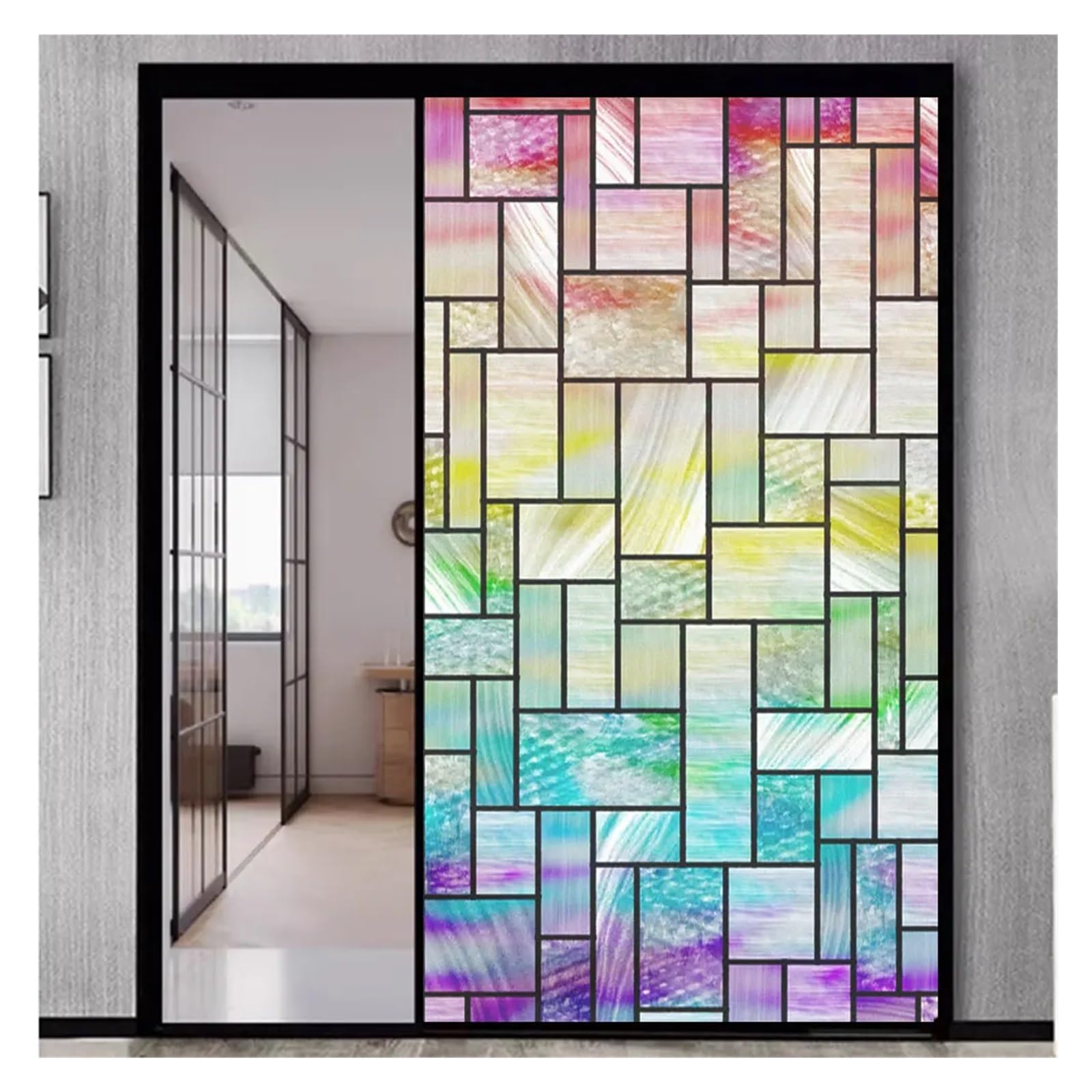 Mdsiokhj Color 1 Stained Glass Window Film Anti Privacy Glass Church Style Colored Lattice Pattern Glue-Free Static Cling Door Sticker(,50Cmx120cm)
