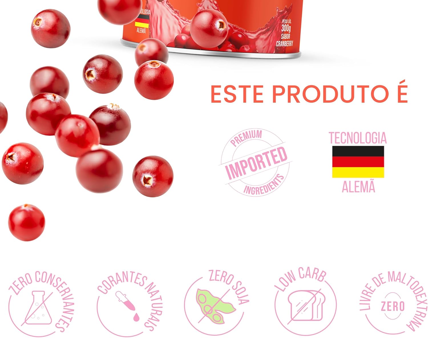 Imagem frontal do produto com fundo branco destacando os cranberries. Imagem frontal do produto com fundo branco destacando os cranberries.