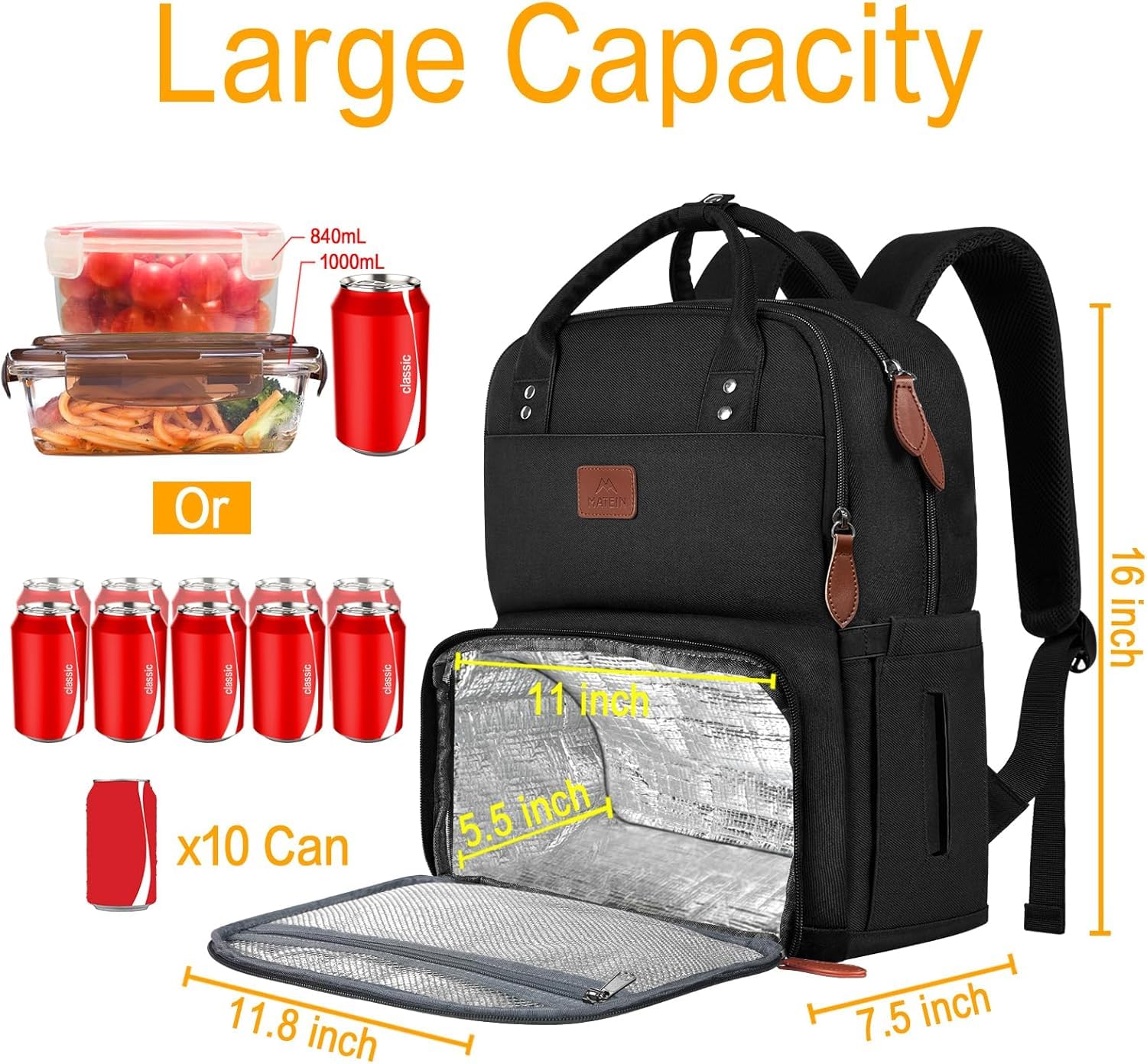 MATEIN Mochila de Picnic para Portatil de 15.6" con Compartimento Térmico para Almuerzo, Mochila Trabajo Mujer Impermeable, Lunch Backpack para Oficina, Camping y Viajes, Negro