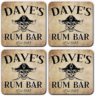 Personalised Rum Coaster Set Of 4 Matching Custom Name Pirate Drinks Beer Mat Coasters Pub Home Bar Accessories Novelty Gift For Him Dad Father's Day Man Cave