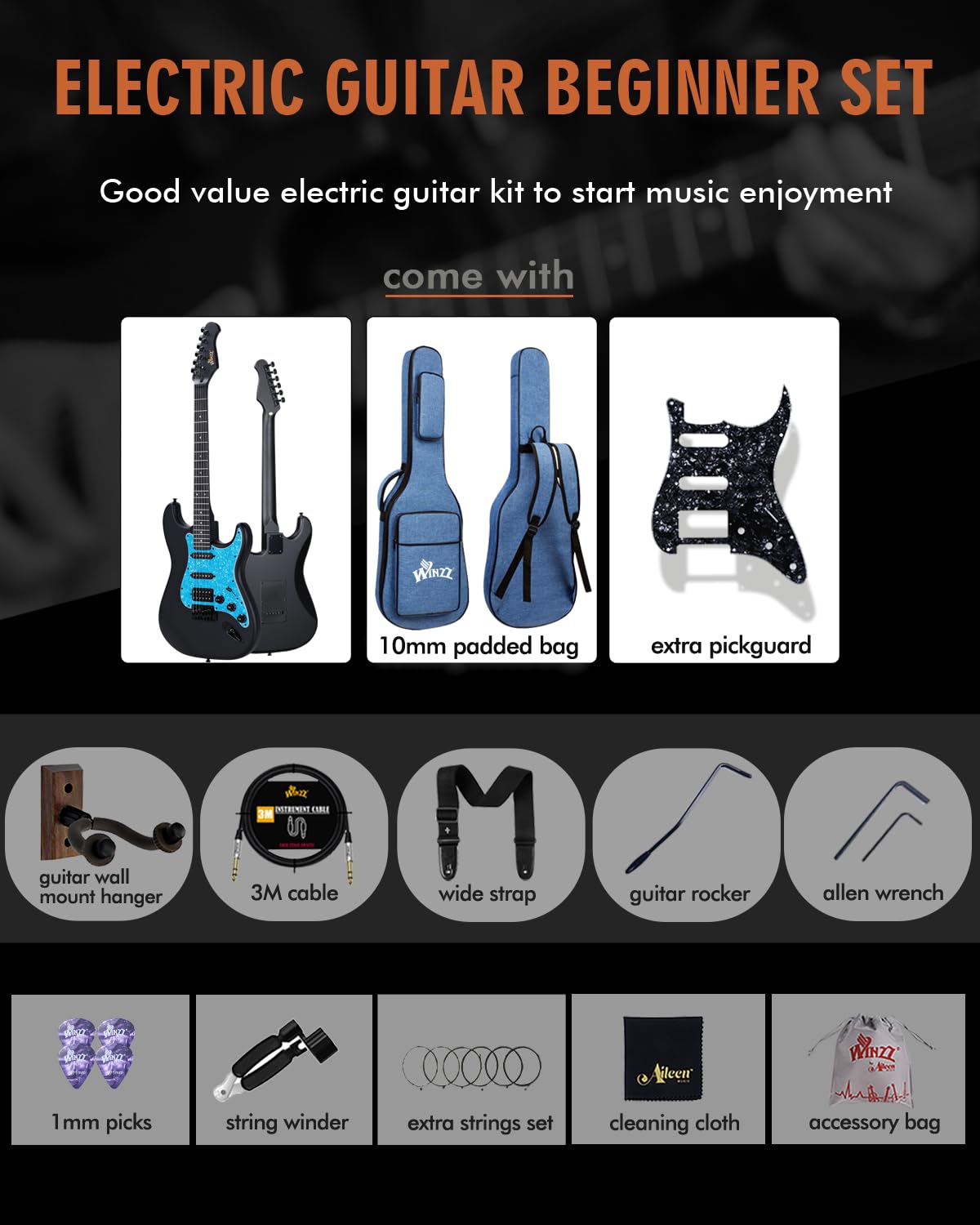 Winzz Erwachsene E-Gitarre 4/4 Größe, ST HSS Tonabnehmer, für Anfänger Starter Paket mit 12 Zubehör, Ideal Kinder E-Gitarre Kit 12+ Jahre (39" Matte Schwarz, Blau Schlagbrett)