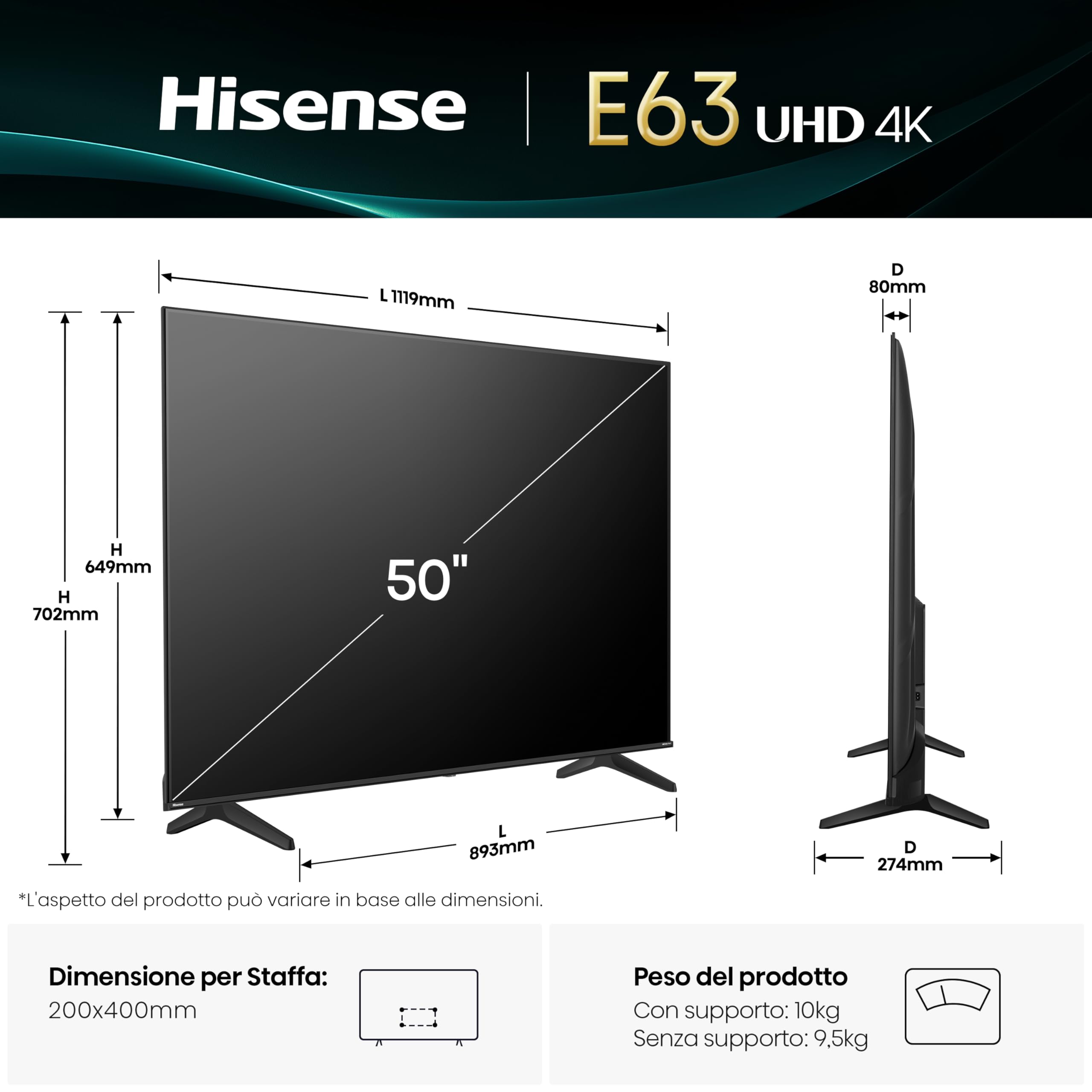 Hisense 50E63QT Smart TV 4K 50 Pollici - Dettaglio