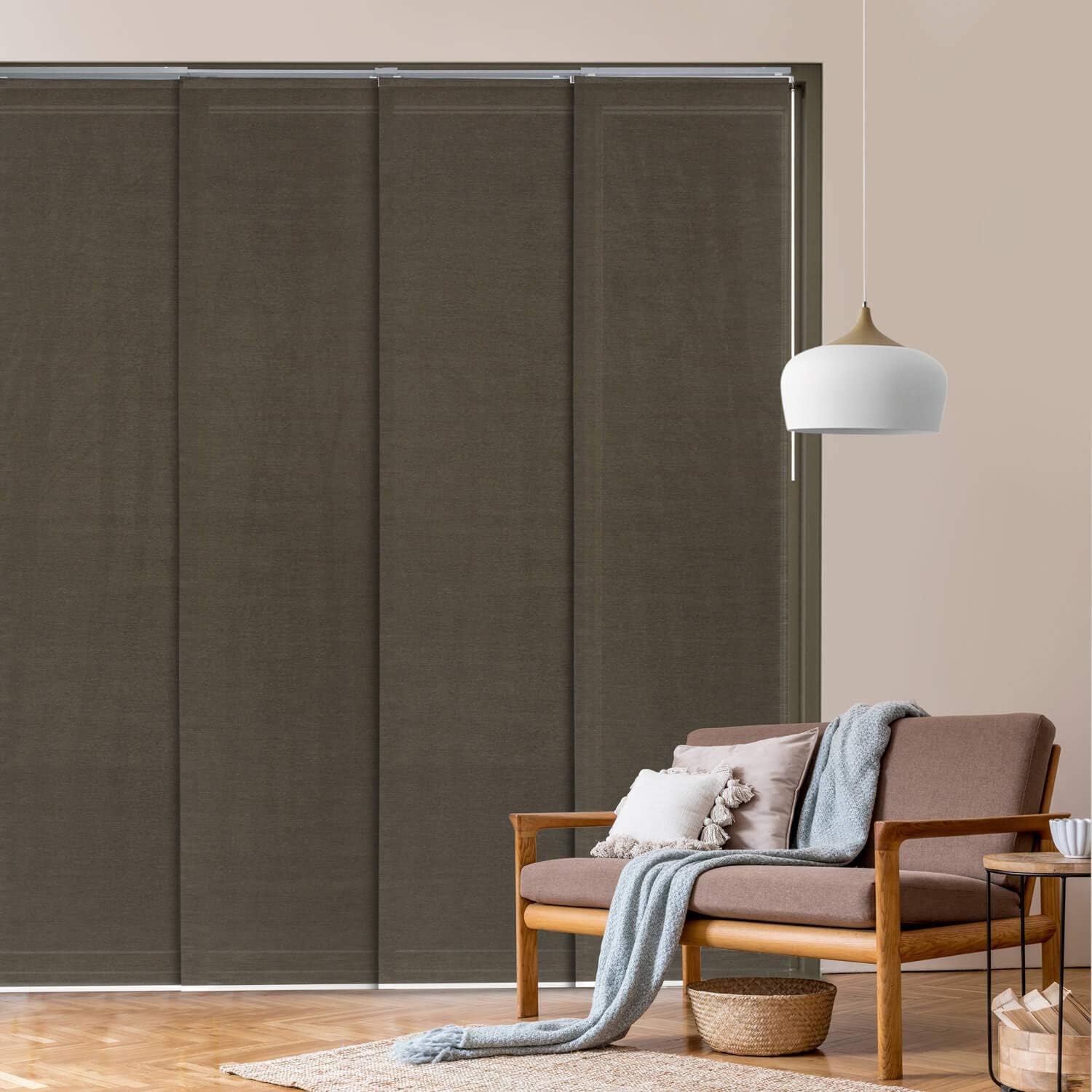 GoDear Design Deluxe Adjustable Sliding Panel Track Blind 45.8"- 86" W x 96" H, Extendable 4-Rail Track for Patio Door and Room Divider, See-Through Trimmable Jute Fabric, Semi-Privacy, Pu'er Tea