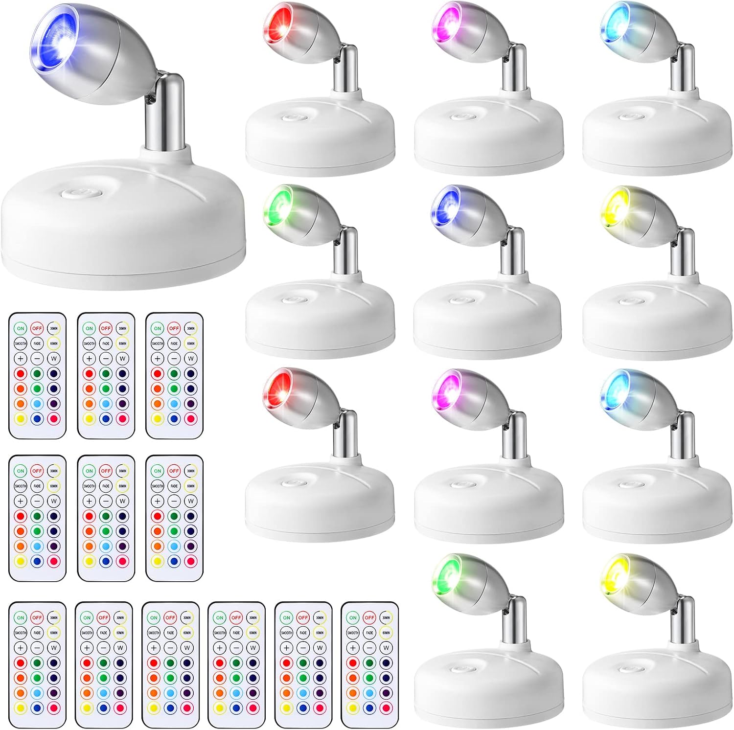 Tuanse 12 Pcs Battery Operated Spotlights Indoor LED Spot Display Lights Battery Powered Uplights 13 Colors Dimmable Mini Accent Lighting for Art Pictures Painting Closet(White)
