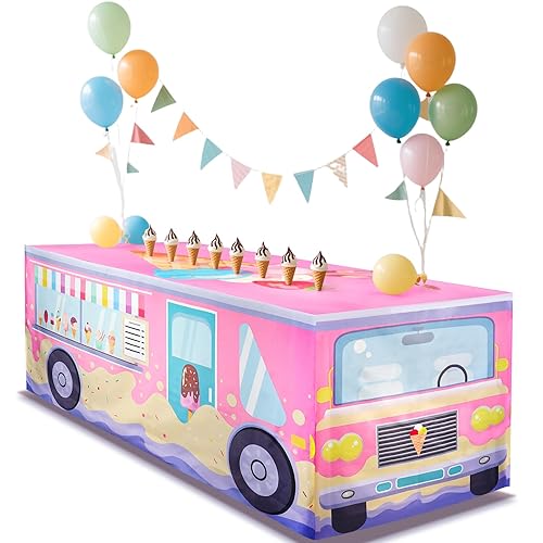 4FT Ice Cream Truck Tablecloth ，Ice Cream Birthday Party Decor