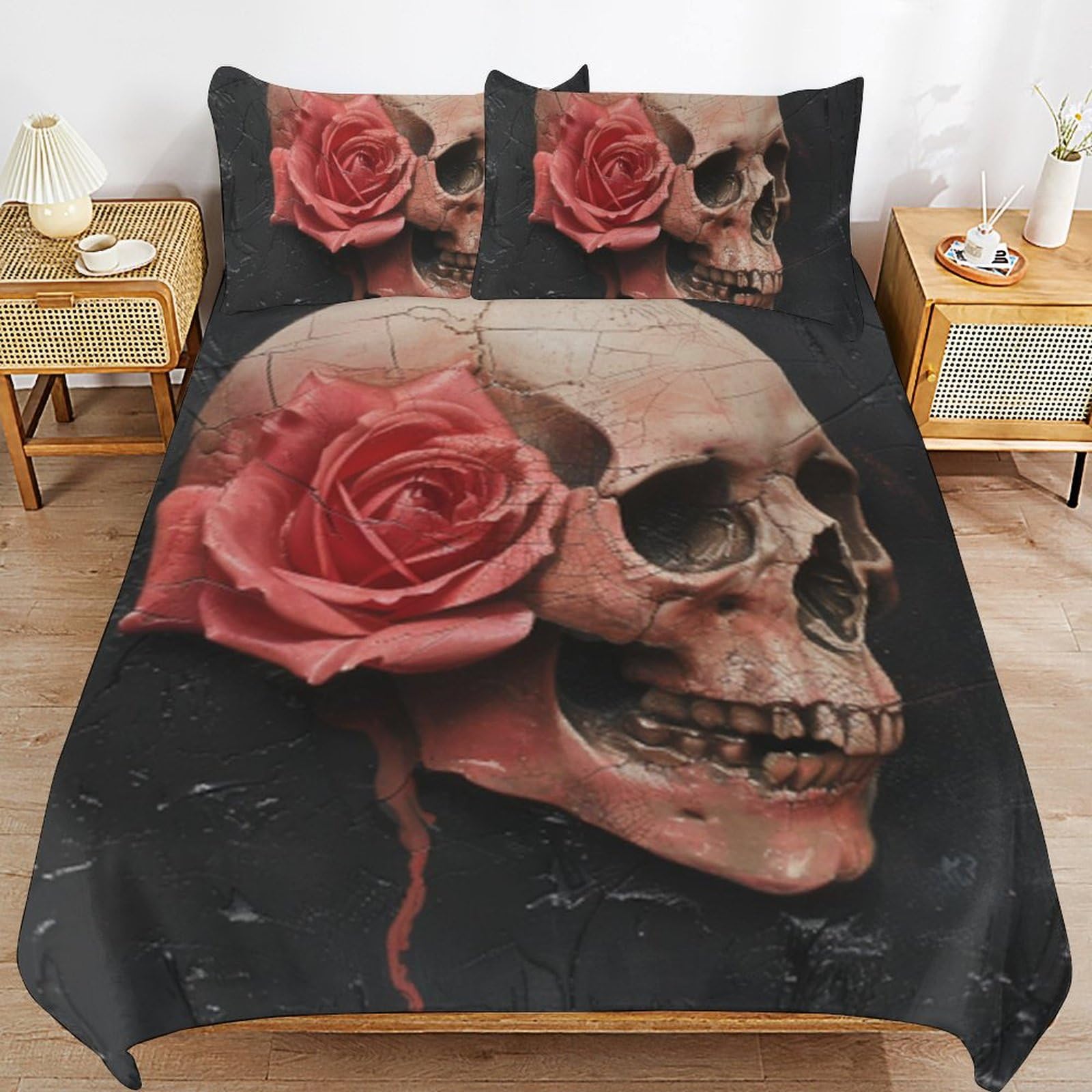 Parure de lit gothique fermeture éclair pratique housse microfibre tête de mort