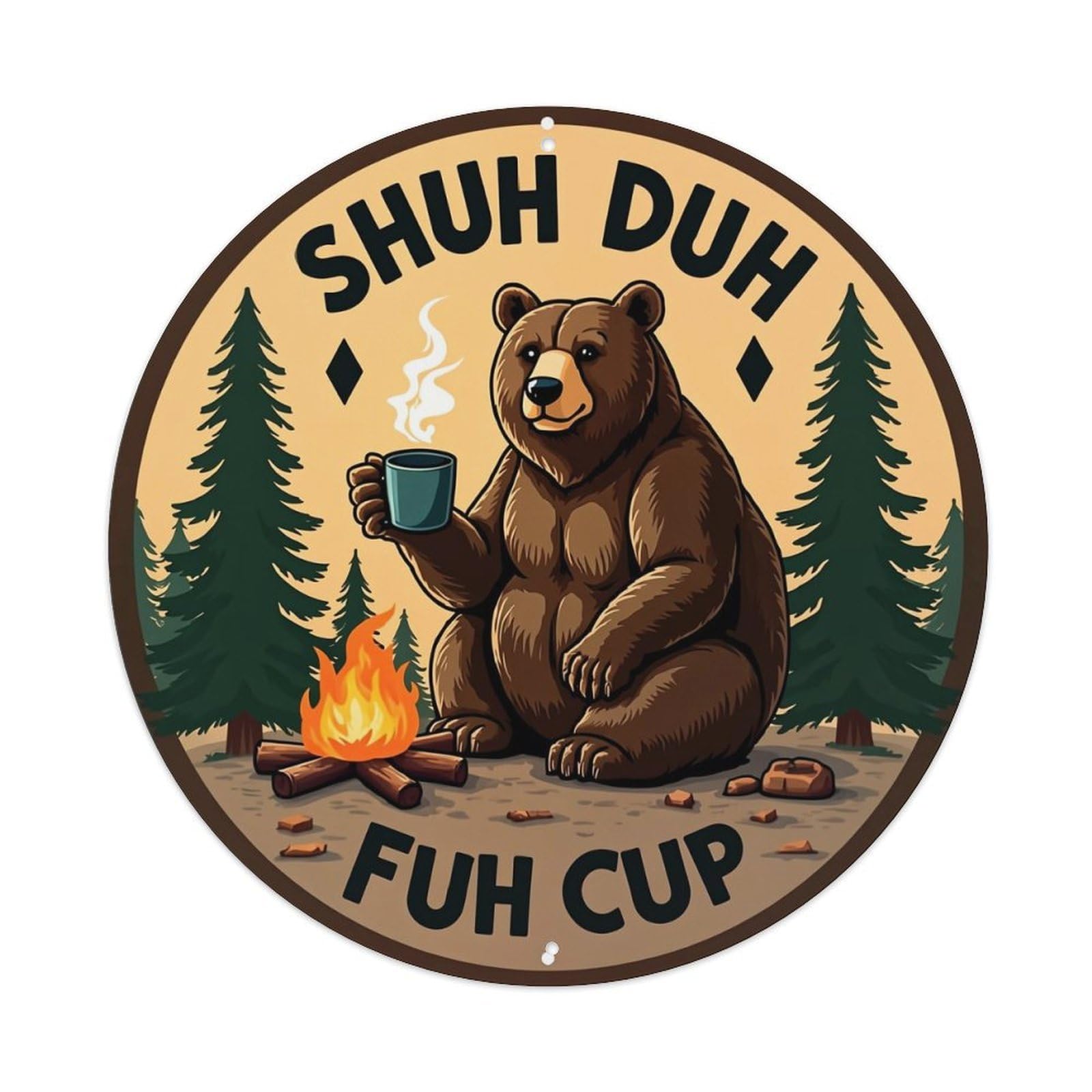 Bear Holding Cup By Campfire Metal Tin Sign Plaque