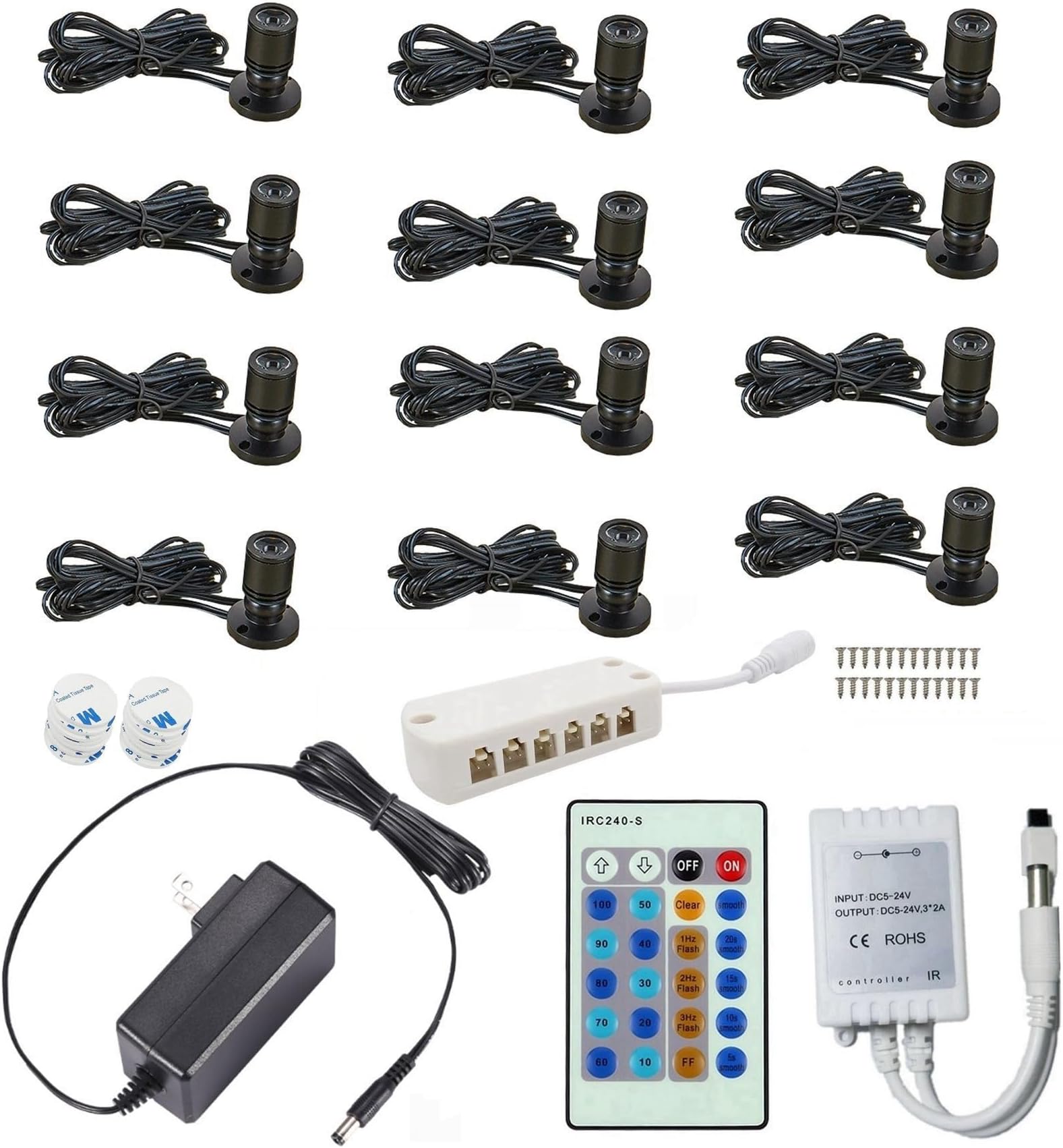 1.5W 12VDC Dimmable LED Mini Spotlight Jewelry Showcase Display Lights Black Shell Surface Mount with Wireless IR Dimmer (Pack-12,Warm White)