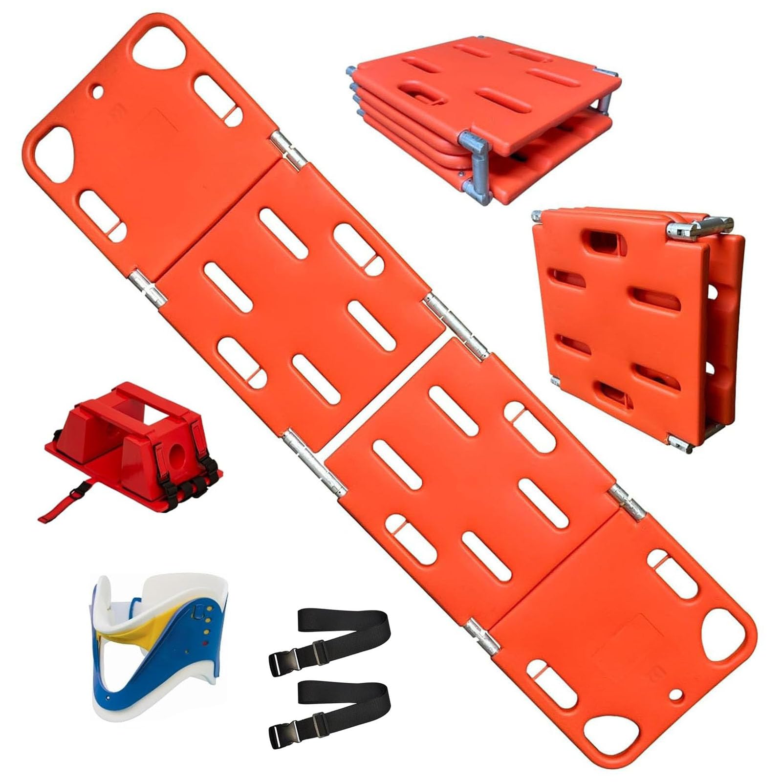 Ensemble de civière Pliable avec Appui-tête et minerve - fabriqué en PE, Pliable en 2 ou 4 Parties, Flotte sur l'eau, Convient à Une Utilisation d'urgence par Les secouristes, Les hôpitaux,