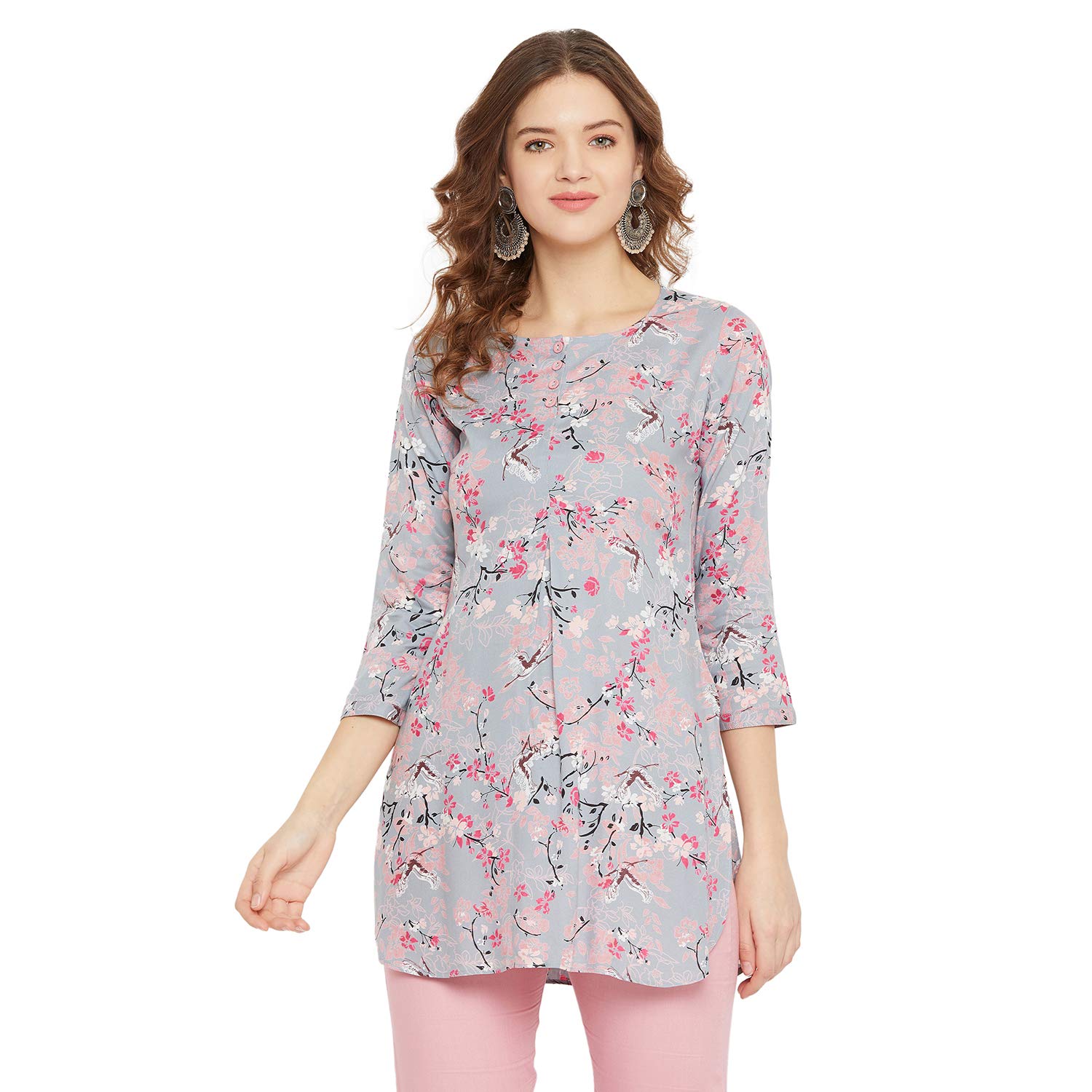 Tissu Women's Grey & Pink Floral Printed Straight Kurti (Blue_Xxl)
