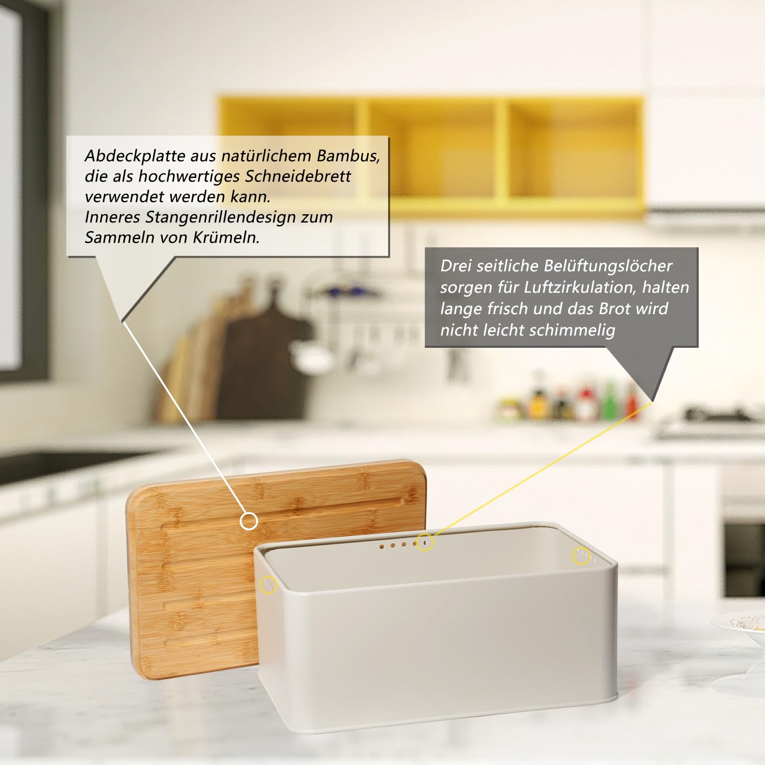 Theo&Cleo Brotkasten mit Schneidebrett , 33x21x15cm , Matte Brotbox mit Bambusdeckel und Leinen Brotbeutel , Rundum Belüftung , Brotkorb für langanhaltende Frische (Beige)