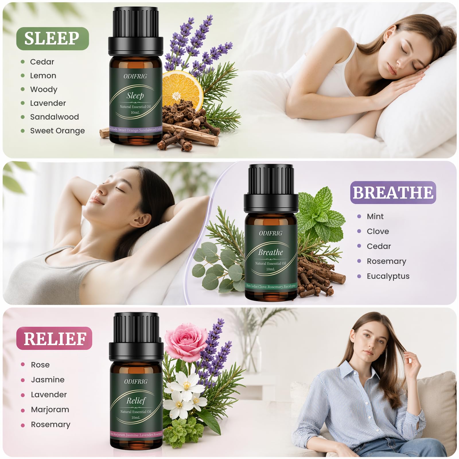 Oli Essenziali per Diffusore 6x10ml,Set Oli Essenziali Naturali per Aromaterapia Relax, Sonno,Anti Stress e Benessere,Spa Casa, Umidificatore - Refresh,Relief,Sleep,Breathe,Immunity & Happy